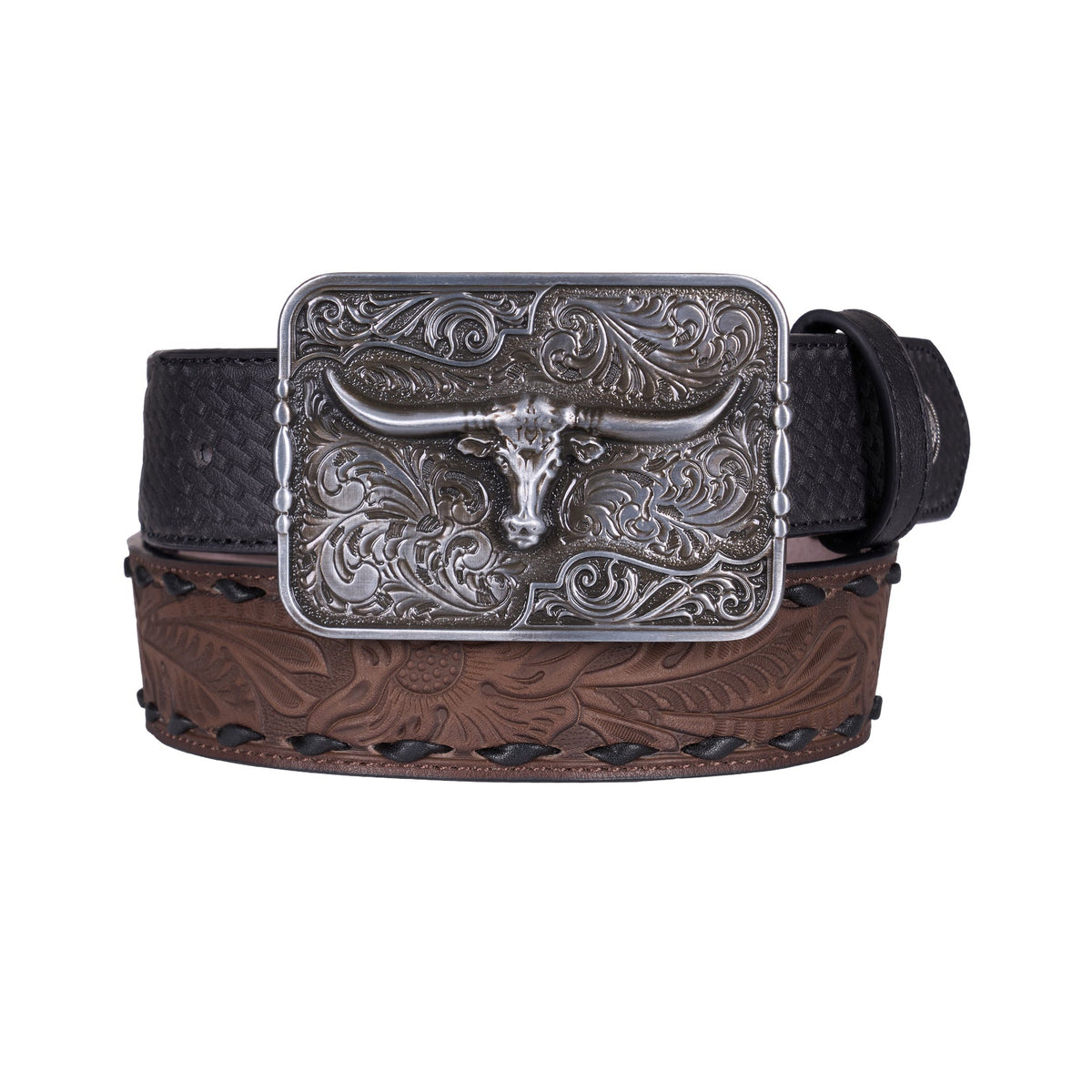 A western belt featuring a brown tooled leather strap, a black textured leather section, and a large engraved silver buckle with a longhorn design.