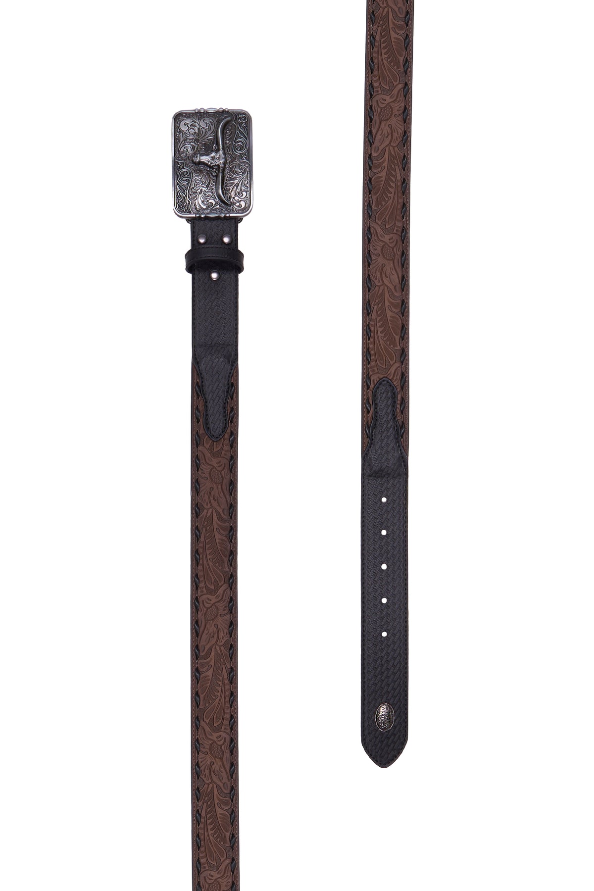 A brown leather belt with a textured, embossed floral pattern and a silver-toned engraved buckle, shown in two vertical views against a white background.
