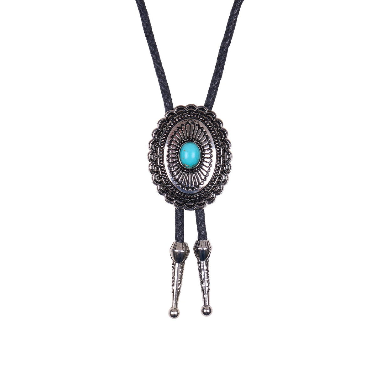 A silver-toned bolo tie necklace with a textured oval centerpiece featuring a turquoise blue stone, suspended on a black cord against a plain white background.