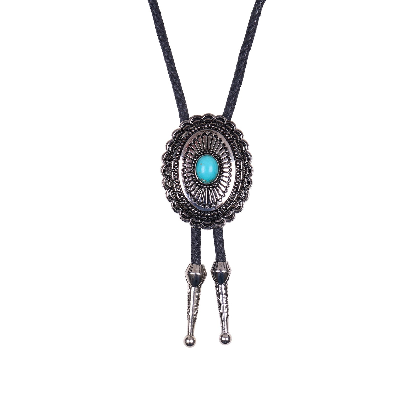 A silver-toned bolo tie necklace with a textured oval centerpiece featuring a turquoise blue stone, suspended on a black cord against a plain white background.
