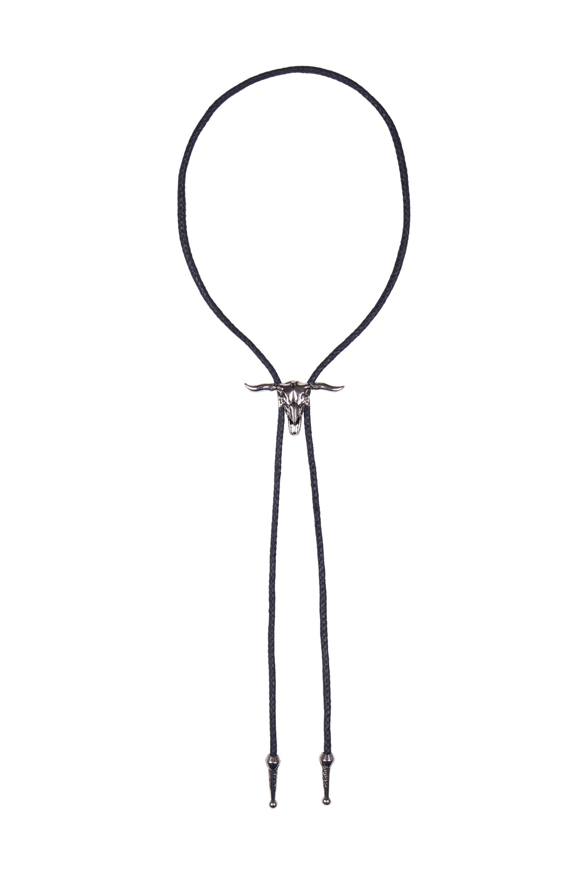 A black rope bolo tie featuring a silver-toned bull skull centerpiece and matching silver-toned toggle tips, shown against a plain white background.