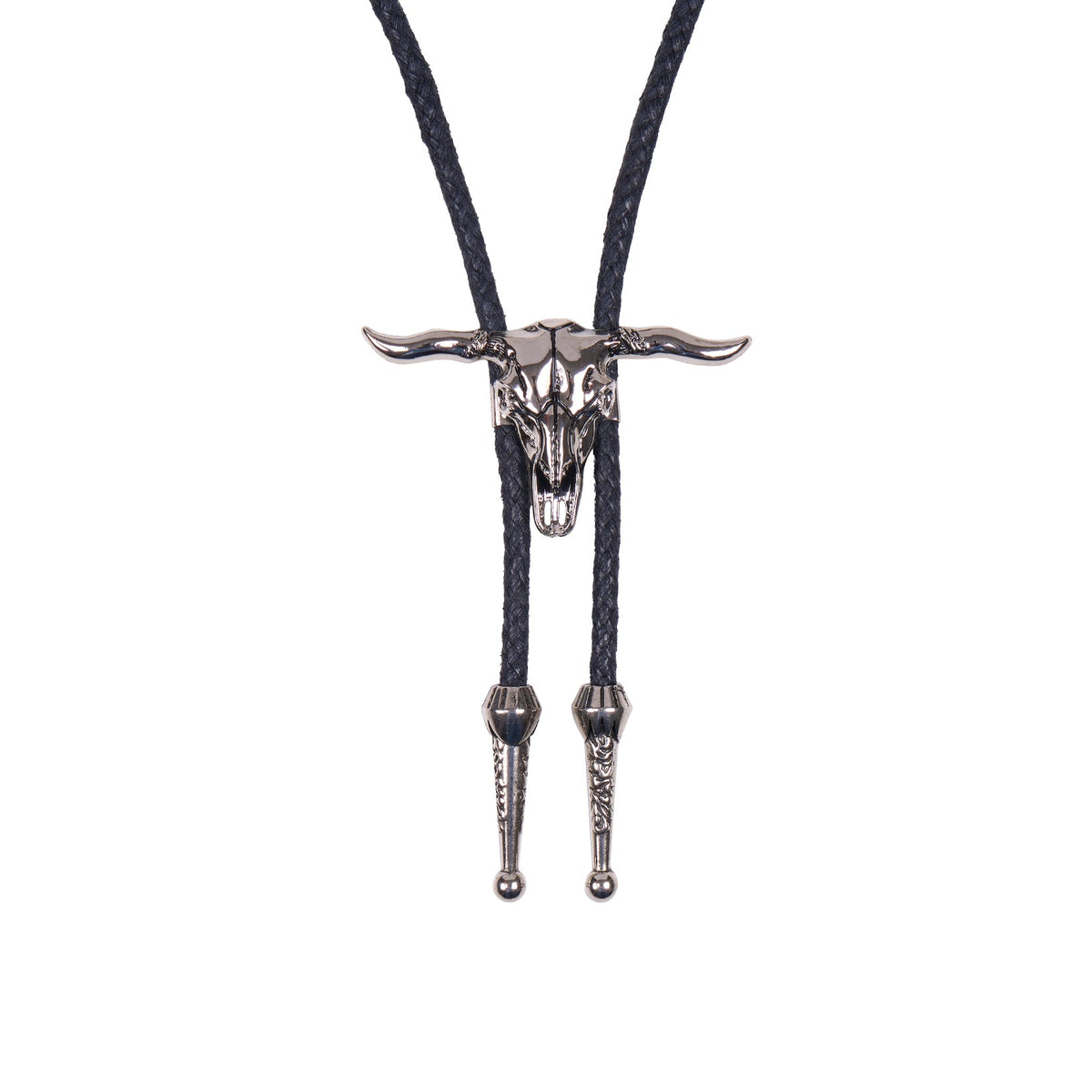 A silver-toned metal bison skull pendant on a black braided cord bolo necklace, shown against a plain white background.