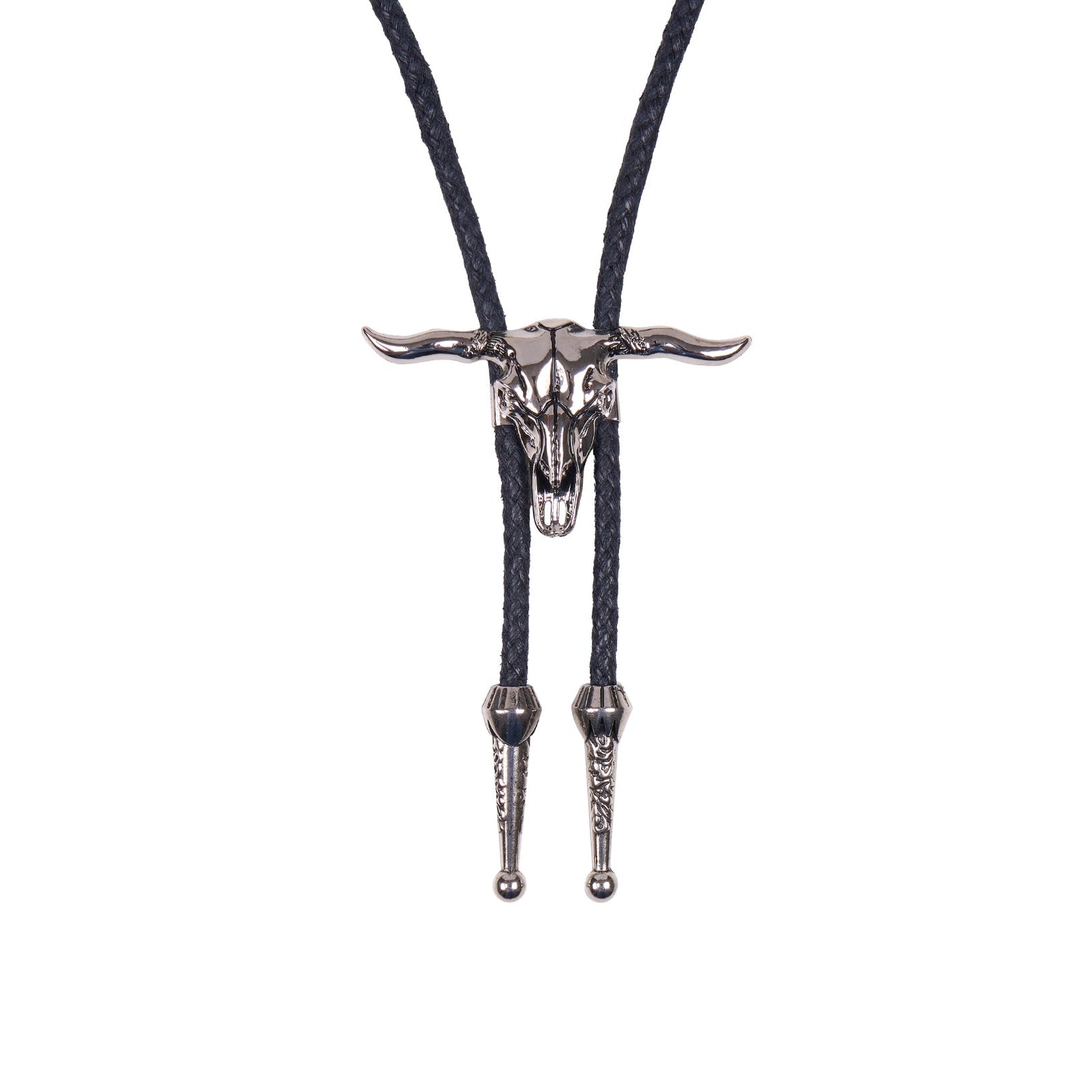 A silver-toned metal bison skull pendant on a black braided cord bolo necklace, shown against a plain white background.