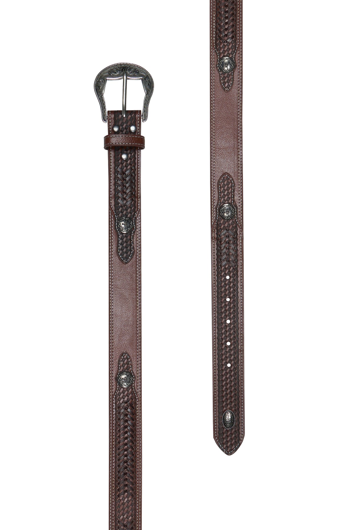 Brown leather belt with decorative stitching on a white background