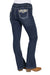Pure Western Women's Jay Boot Cut Jean. Blue jeans with floral pocket designs on a white background