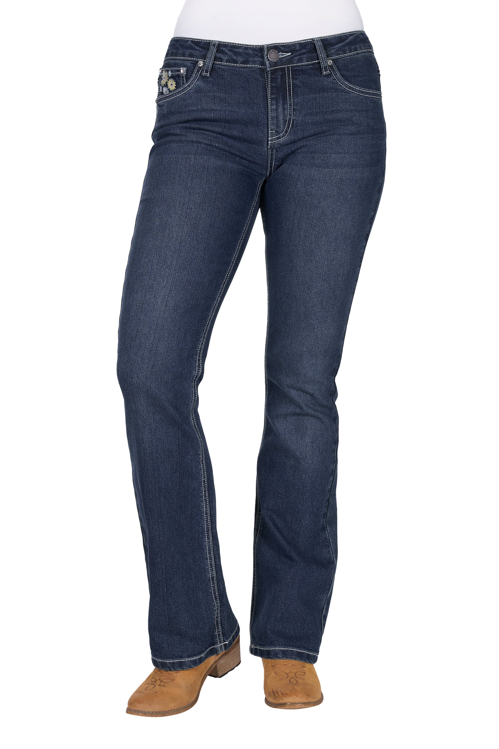 Pure Western Women's Jay Boot Cut Jean. Blue jeans worn by a person on a white background