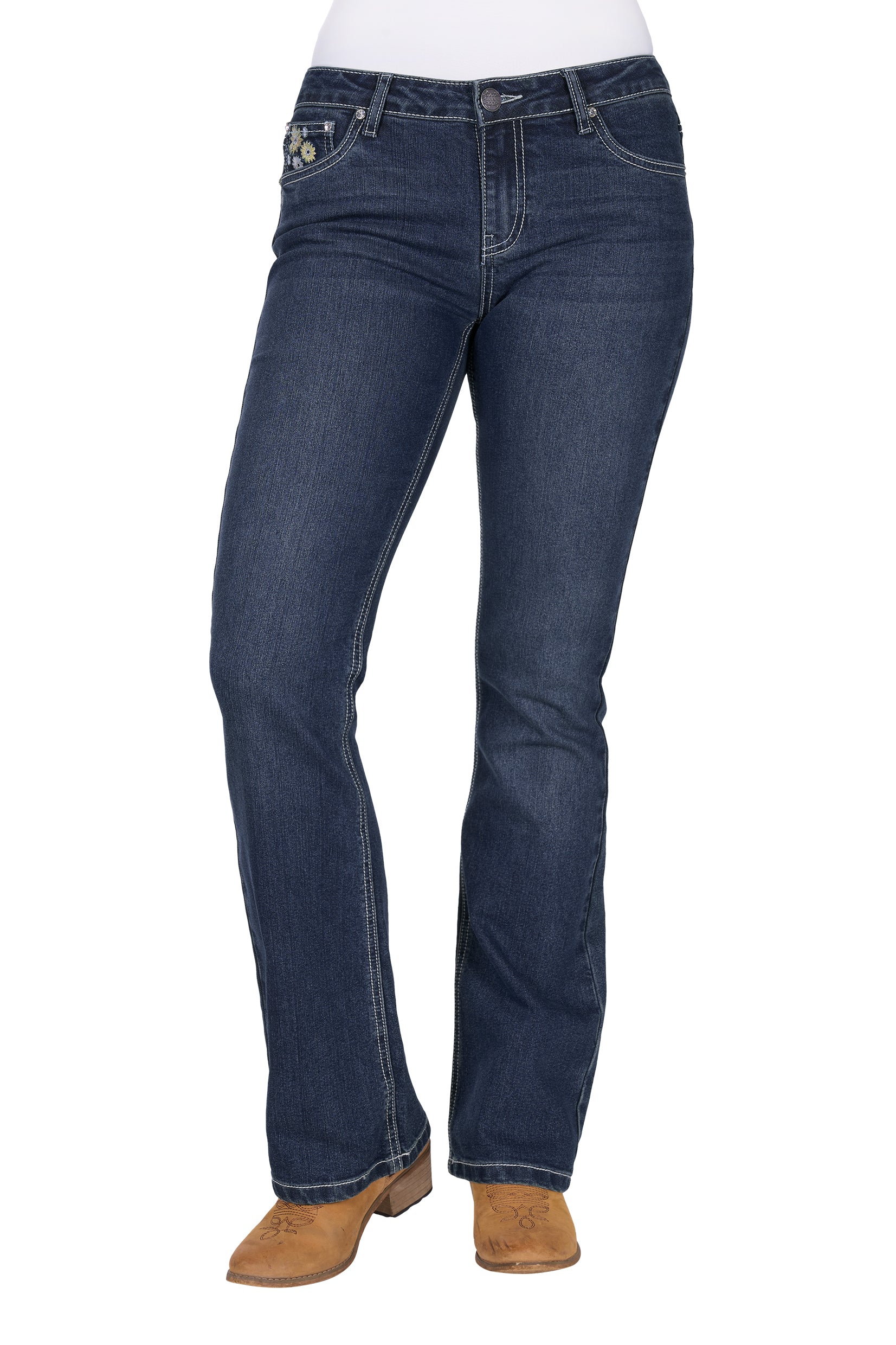 Pure Western Women's Jay Boot Cut Jean. Blue jeans with floral pocket designs on a white background