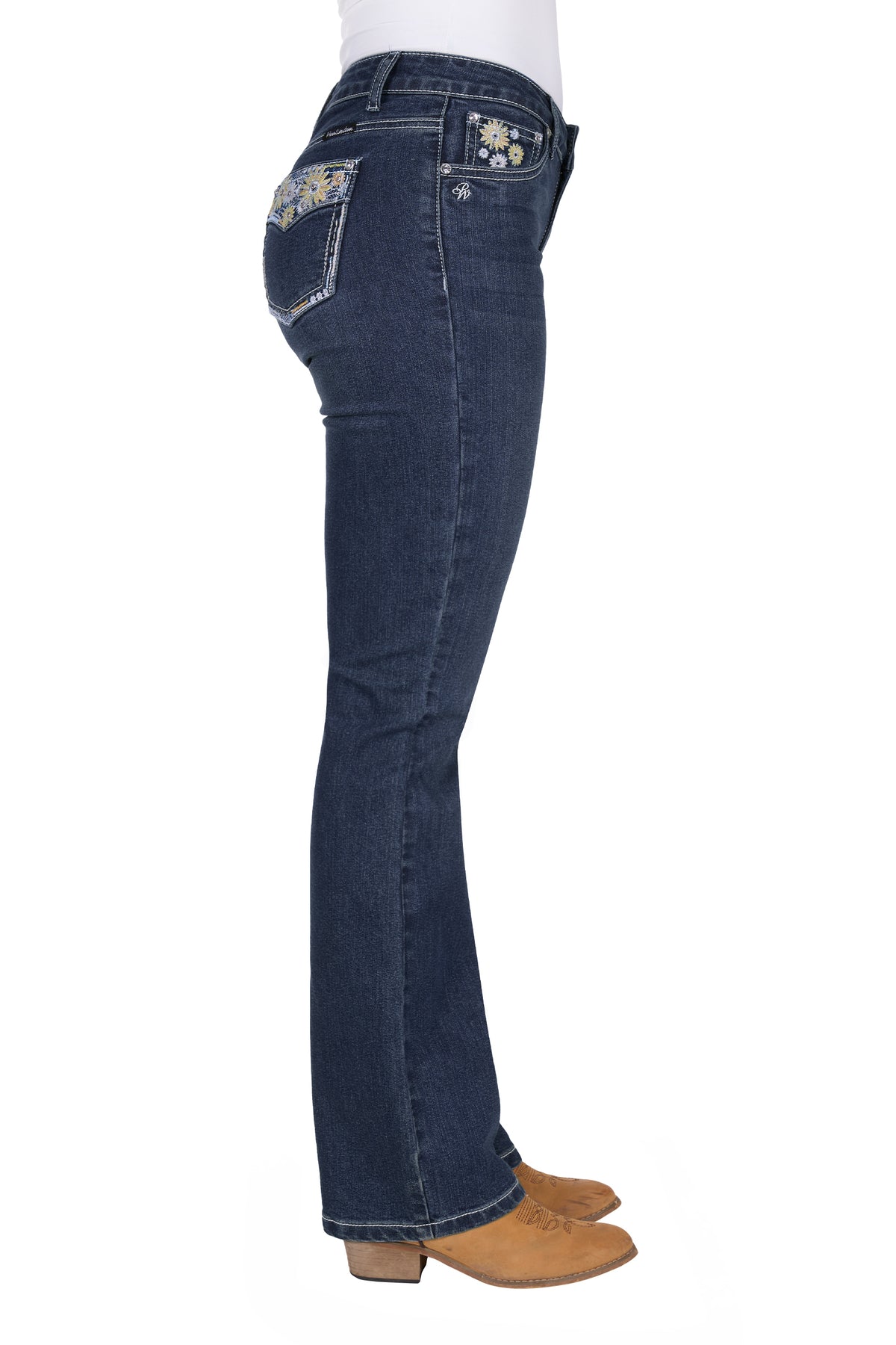 Pure Western Women's Jay Boot Cut Jean. Blue jeans with decorative elements on a white background