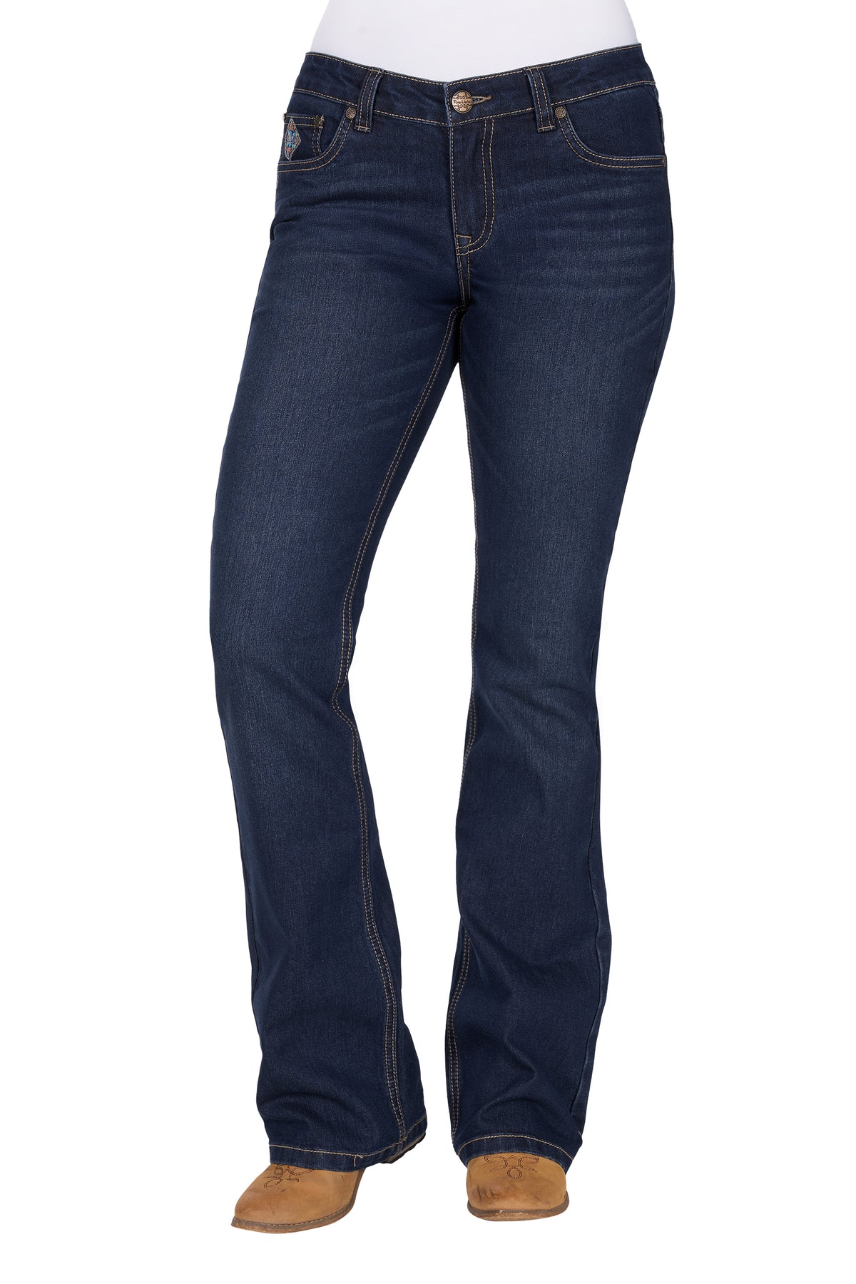 Pure Western Women's Ana Boot Cut Jean. Dark blue jeans on a white background