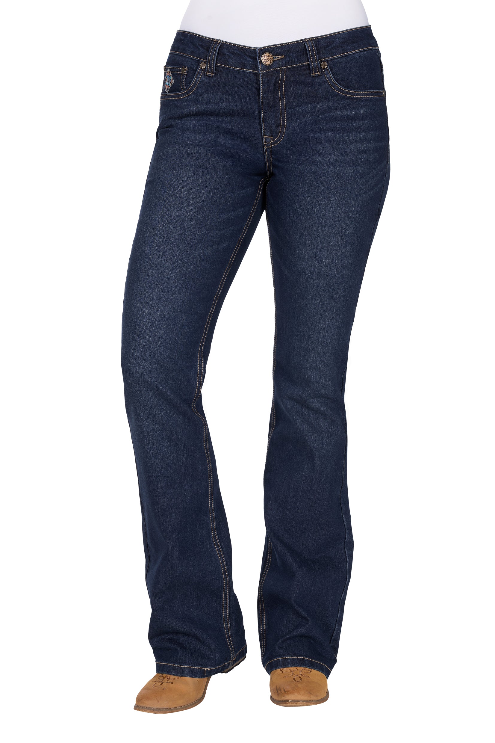 Pure Western Women's Ana Boot Cut Jean. Dark blue jeans with decorative back pockets on a white background