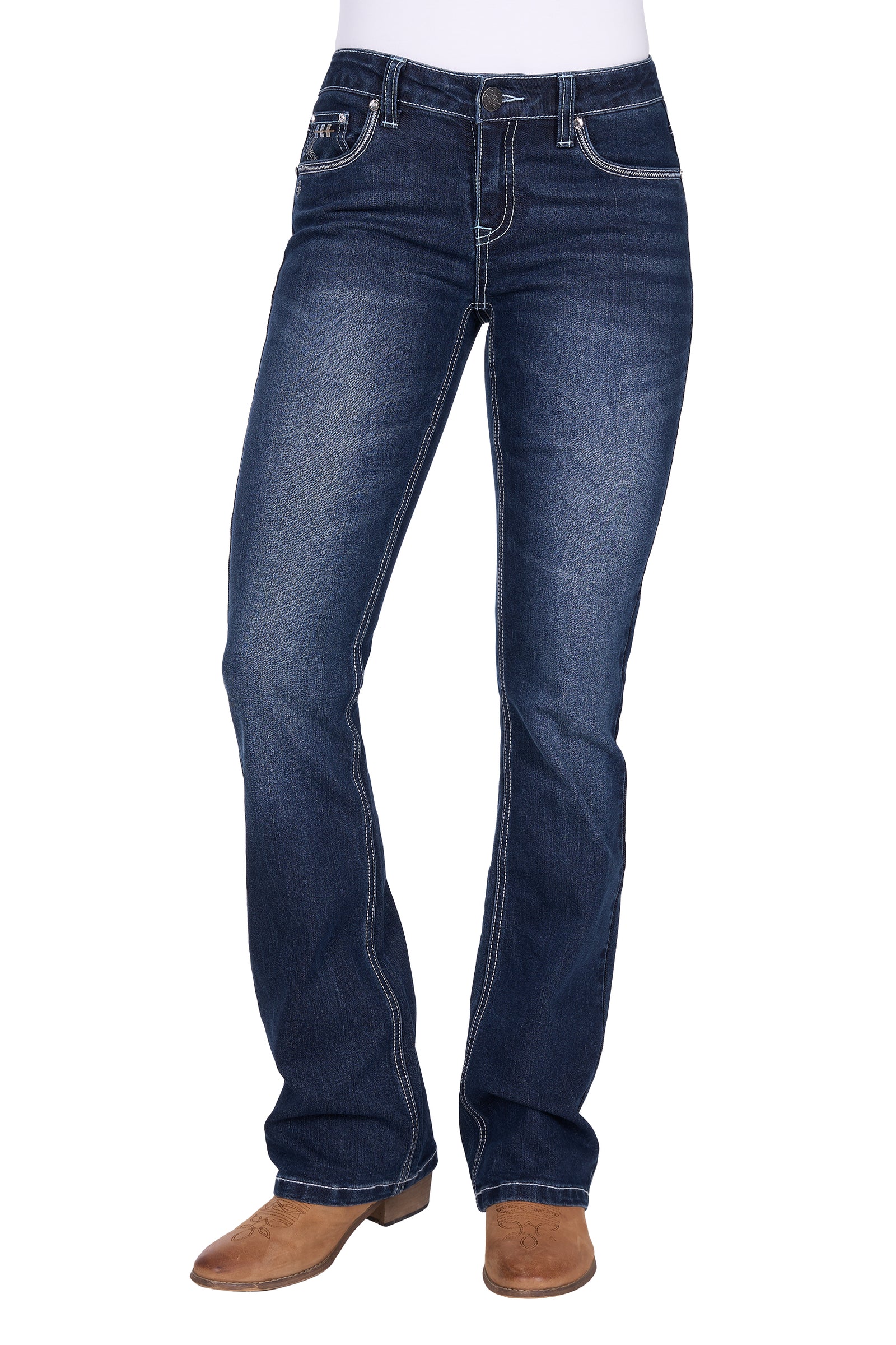 Dark blue jeans with floral embroidery on the back pockets against a white background