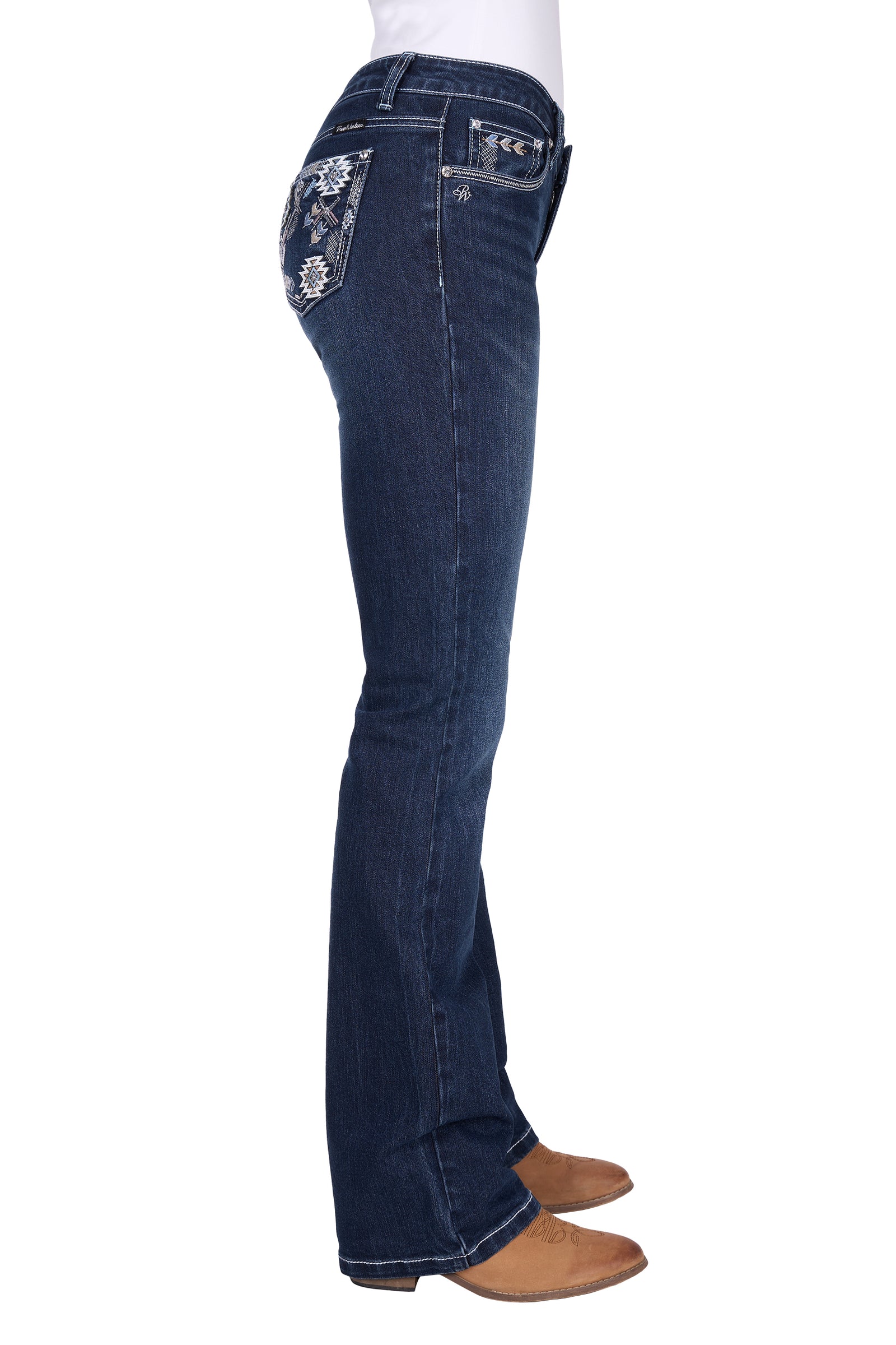 Blue jeans worn by a person on a white background