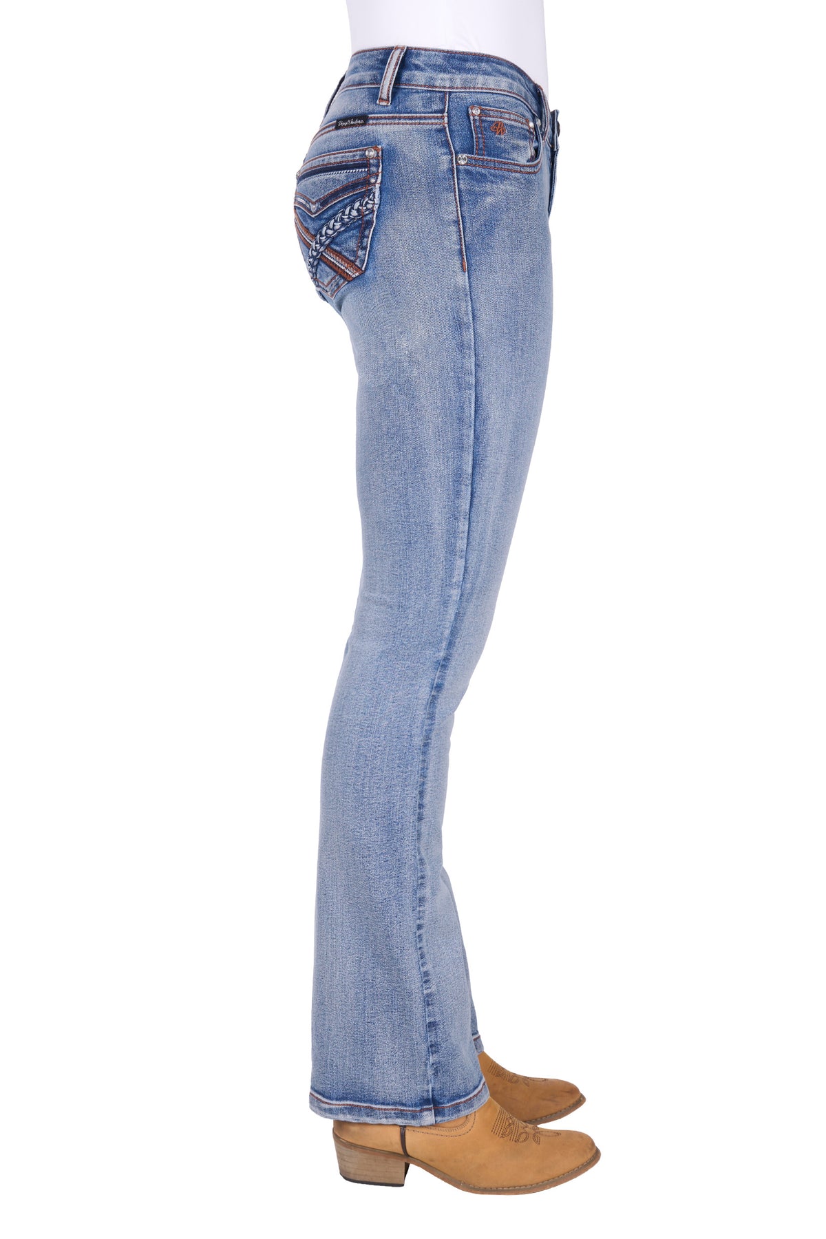 Light blue jeans worn by a person on a white background