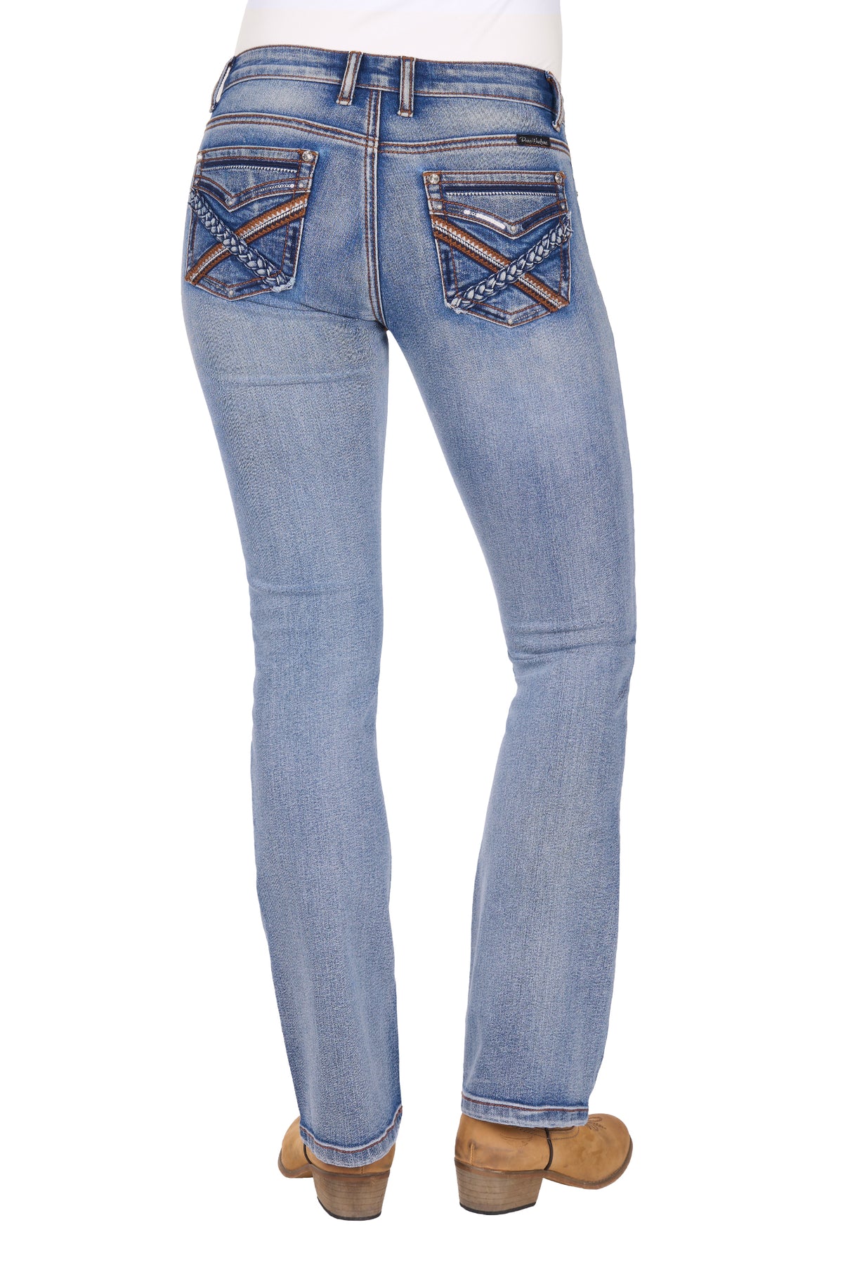 Blue jeans with decorative back pockets on a white background