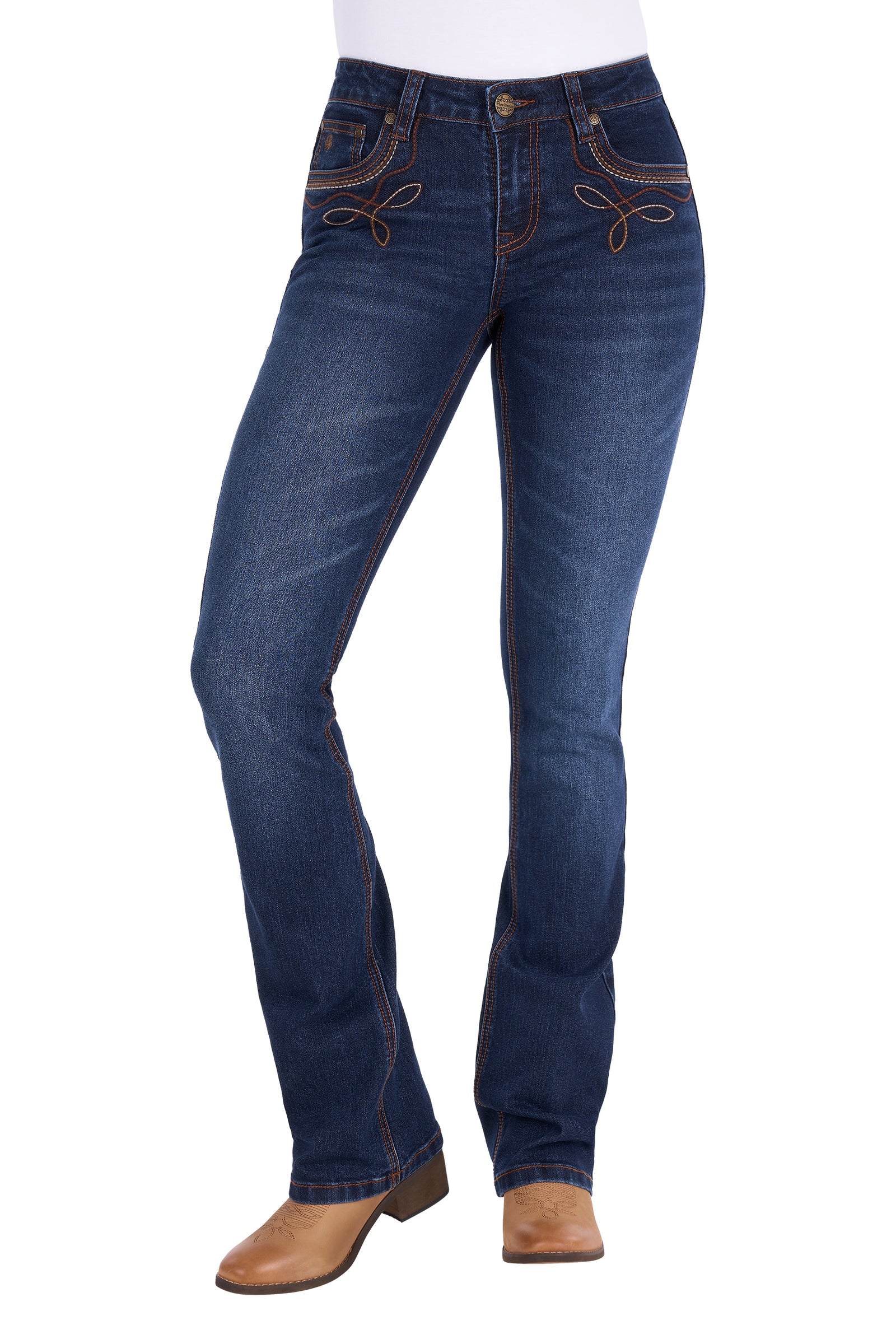 A pair of dark blue denim jeans with decorative brown embroidery on the front pockets, shown on a model wearing brown cowboy boots against a white background.