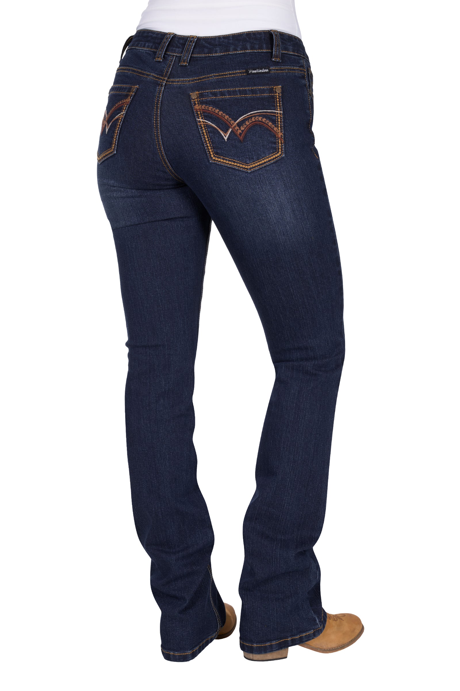 Pure Western Women's Sam Relaxed Rider Jean. Dark blue jeans on a white background