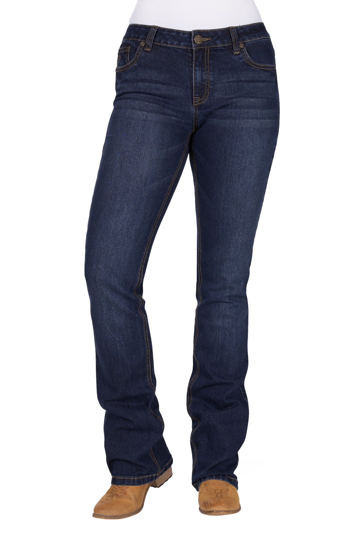 Pure Western Women's Sam Relaxed Rider Jean. Dark blue jeans worn by a person on a white background