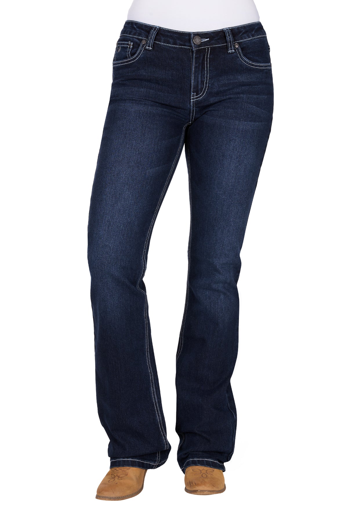 Pure Western Women&#39;s Lyn Relaxed Rider Jean. Dark blue jeans worn by a person on a white background