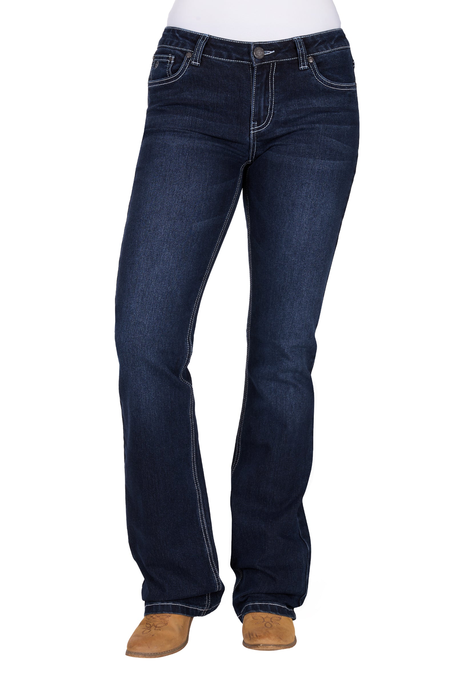 Pure Western Women's Lyn Relaxed Rider Jean. Dark blue jeans worn by a person on a white background