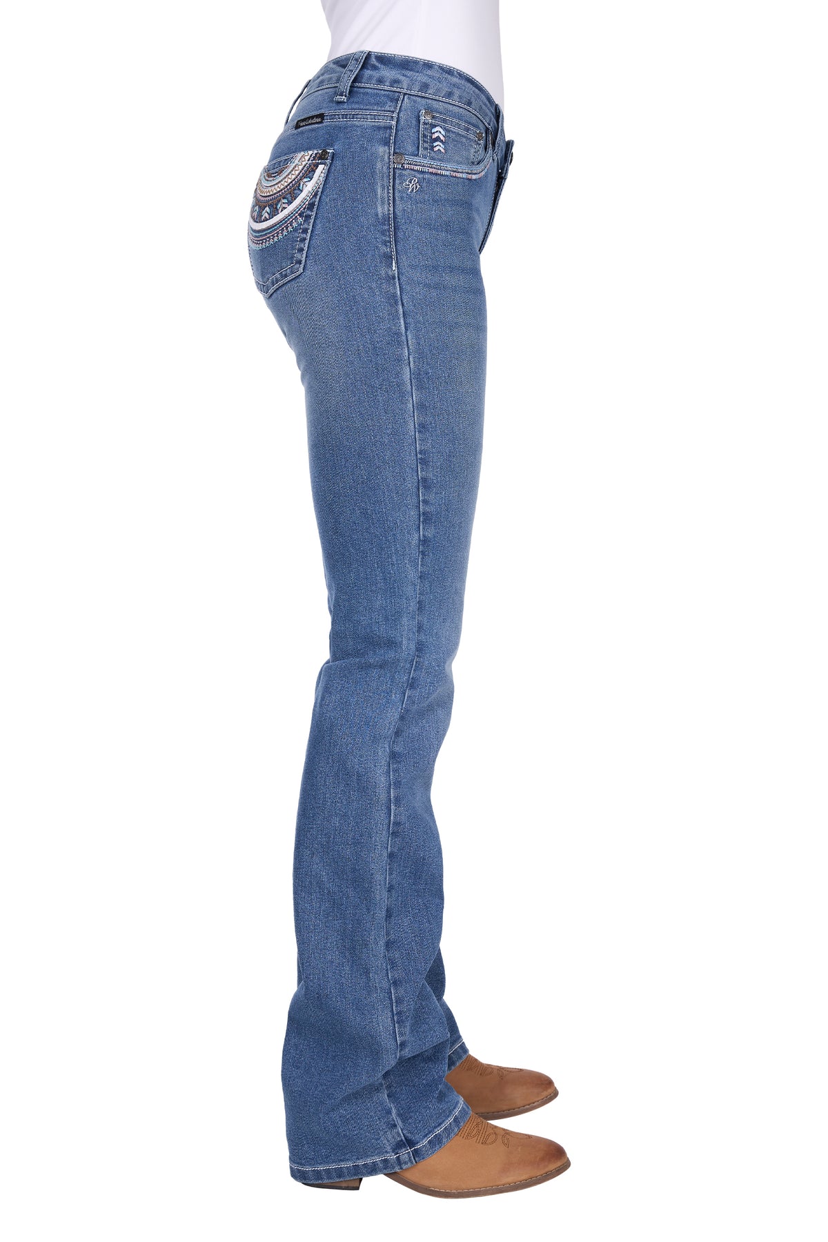 Blue jeans worn by a person on a white background