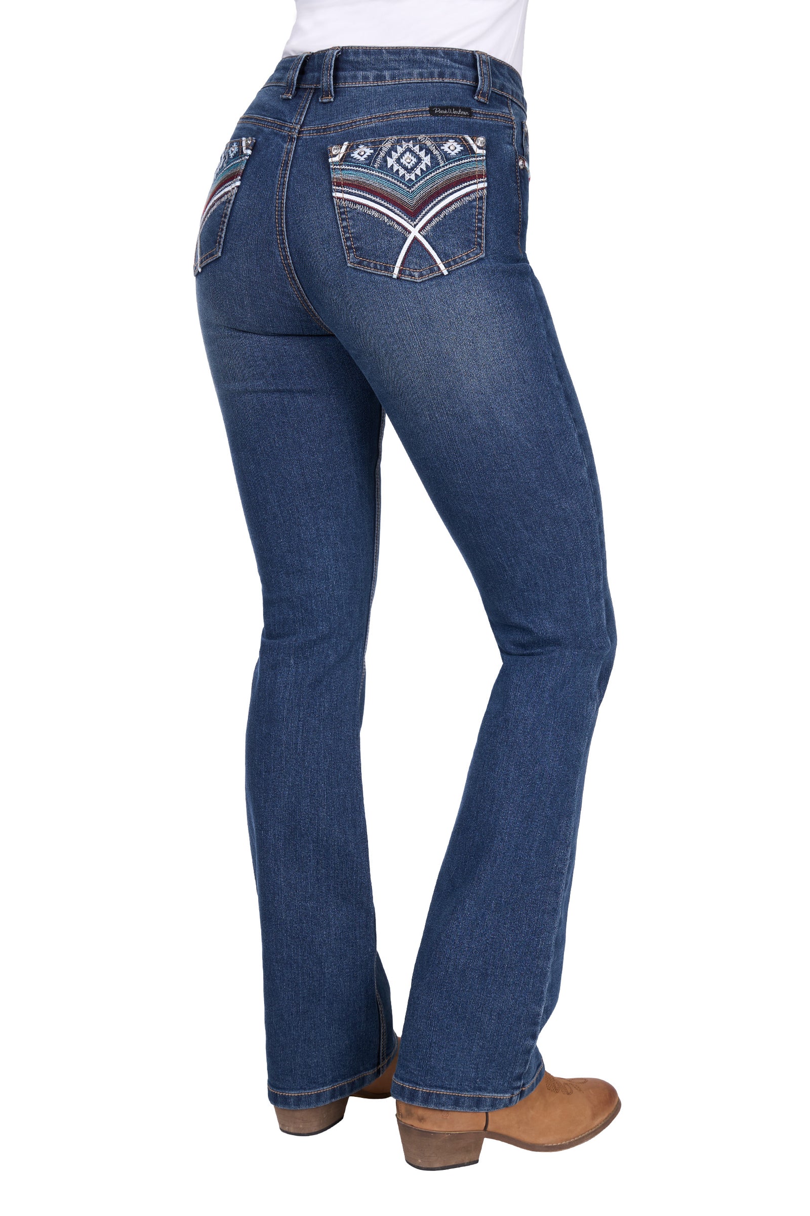 Blue jeans with decorative stitching on a white background