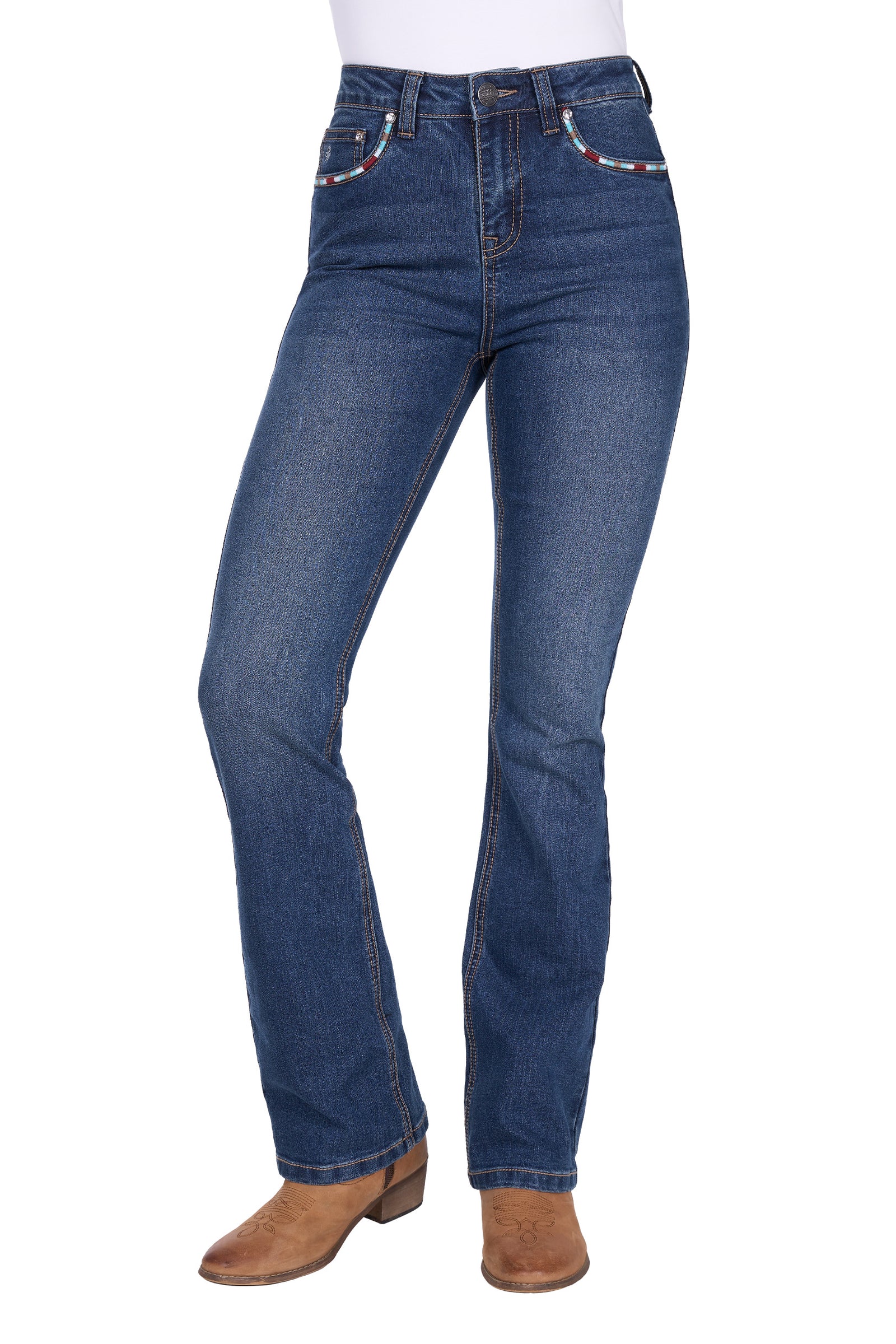 Blue jeans with decorative stitching on a white background