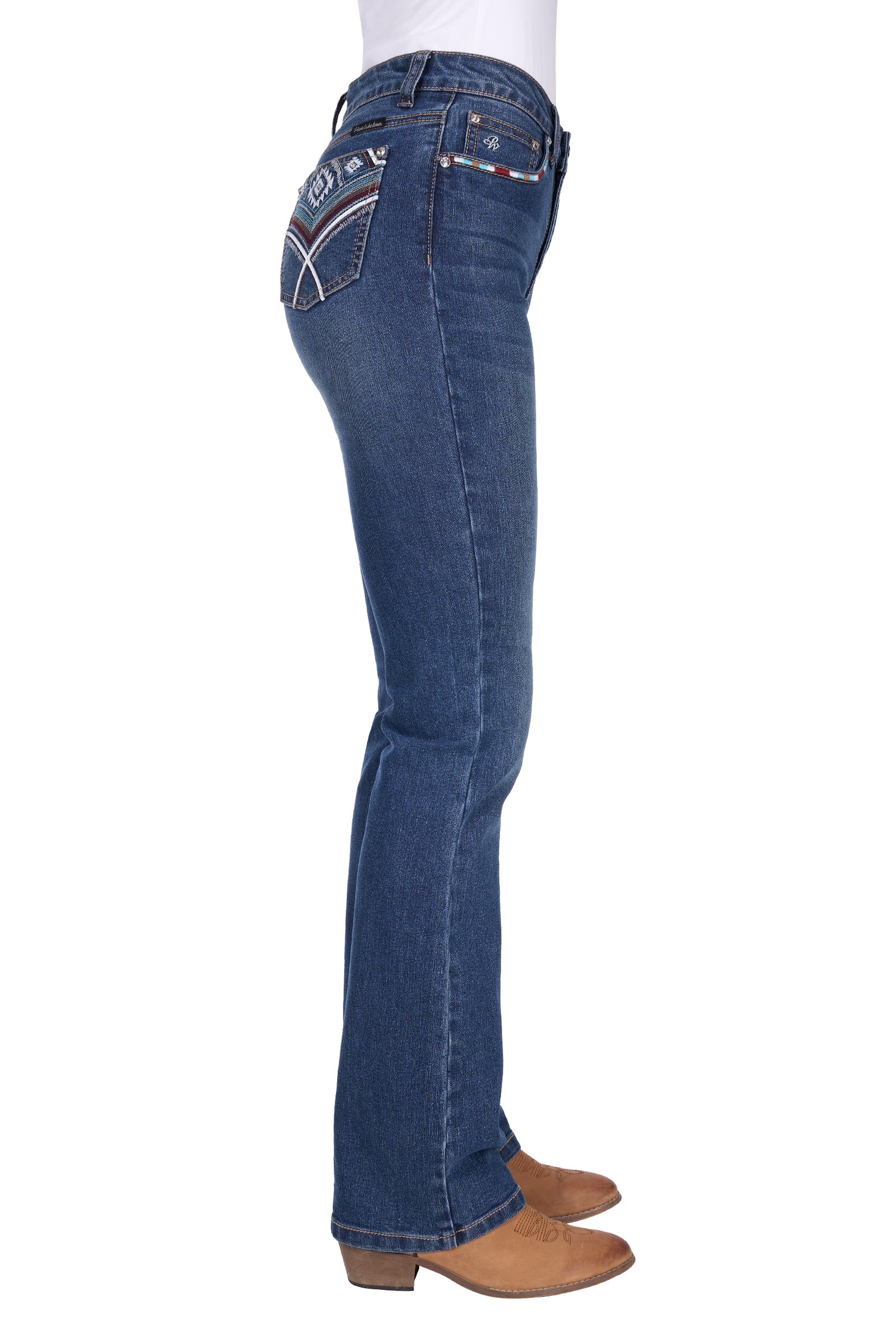 Blue jeans worn by a person on a white background