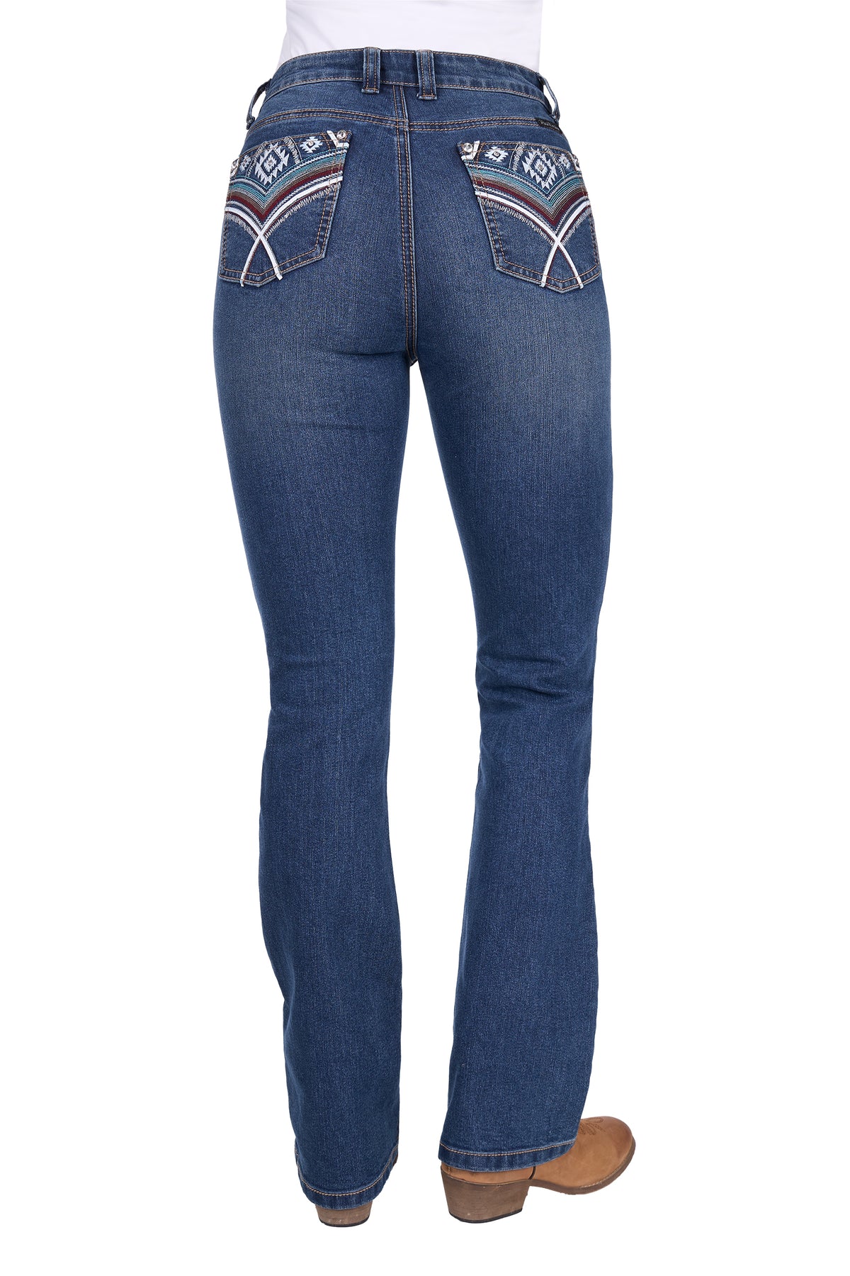 Blue jeans with decorative stitching on the back pockets on a white background