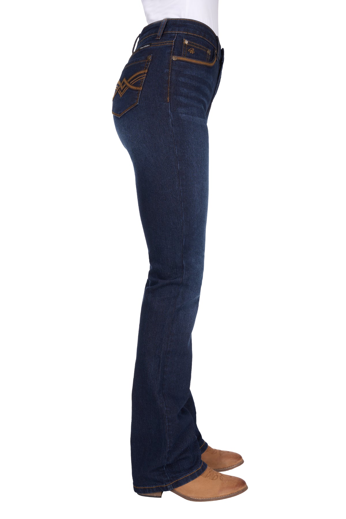 Dark blue jeans worn by a person on a white background