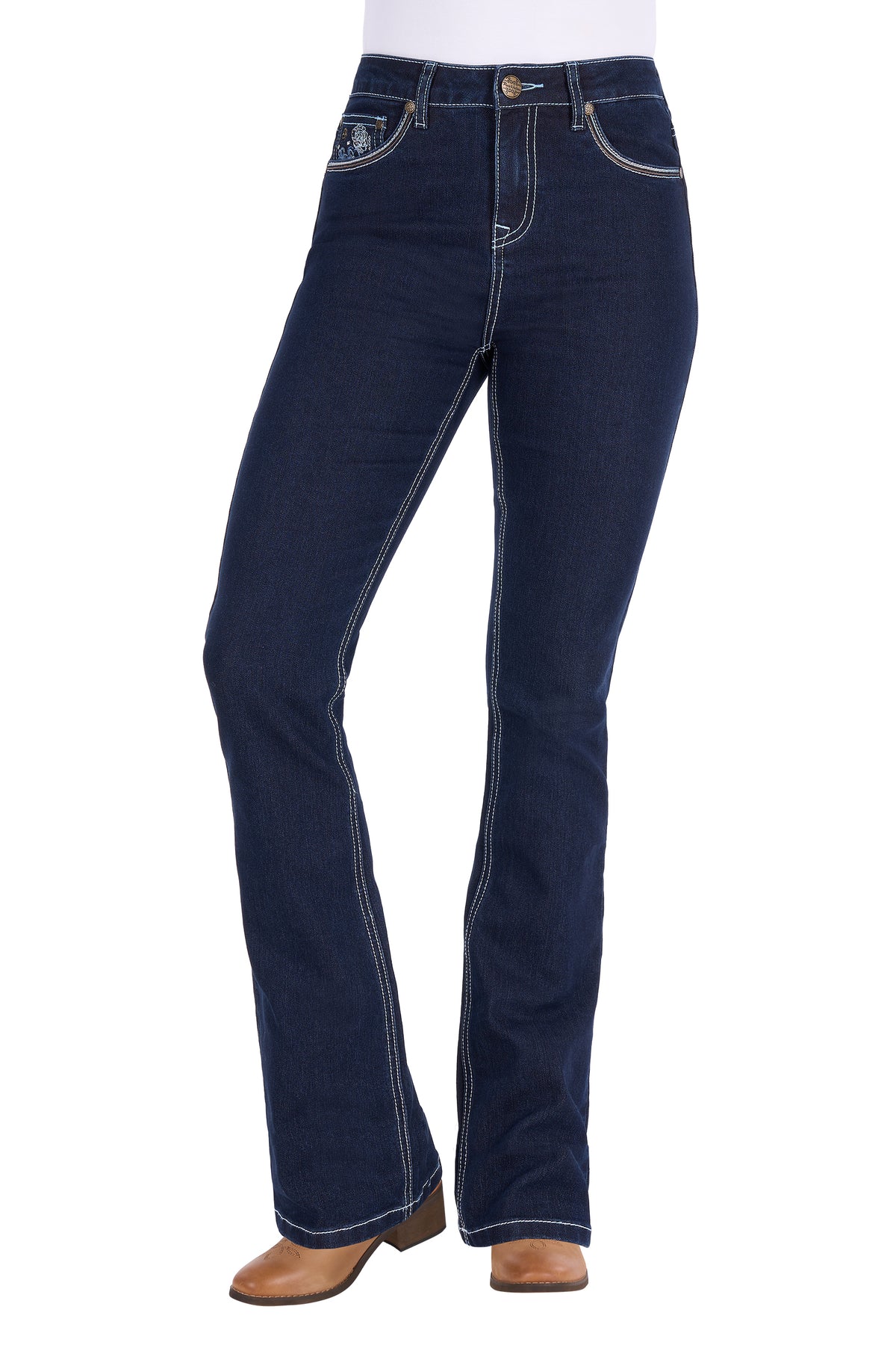 A pair of dark blue denim flare jeans with white contrast stitching, shown on a model from the waist down wearing brown cowboy boots against a white background.