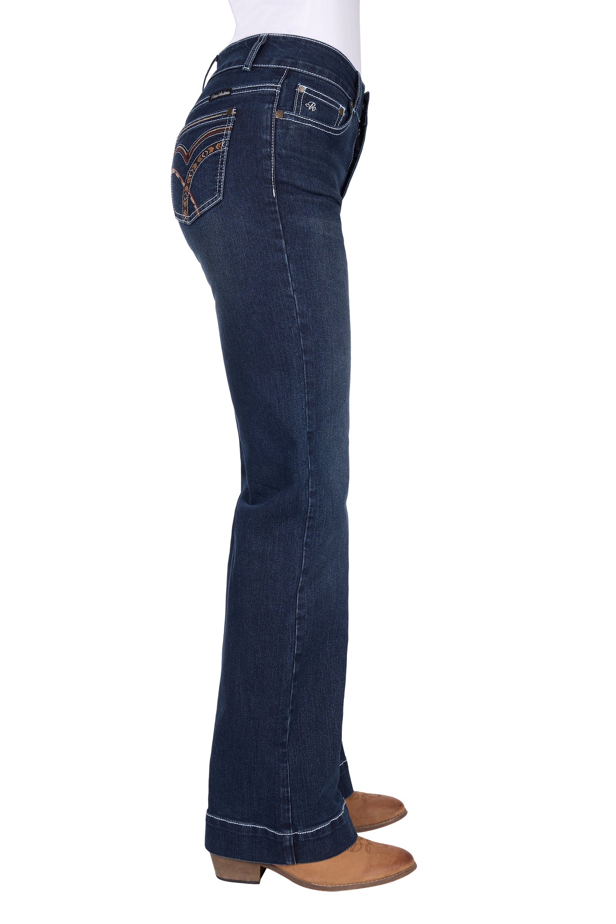 Blue jeans worn by a person on a white background