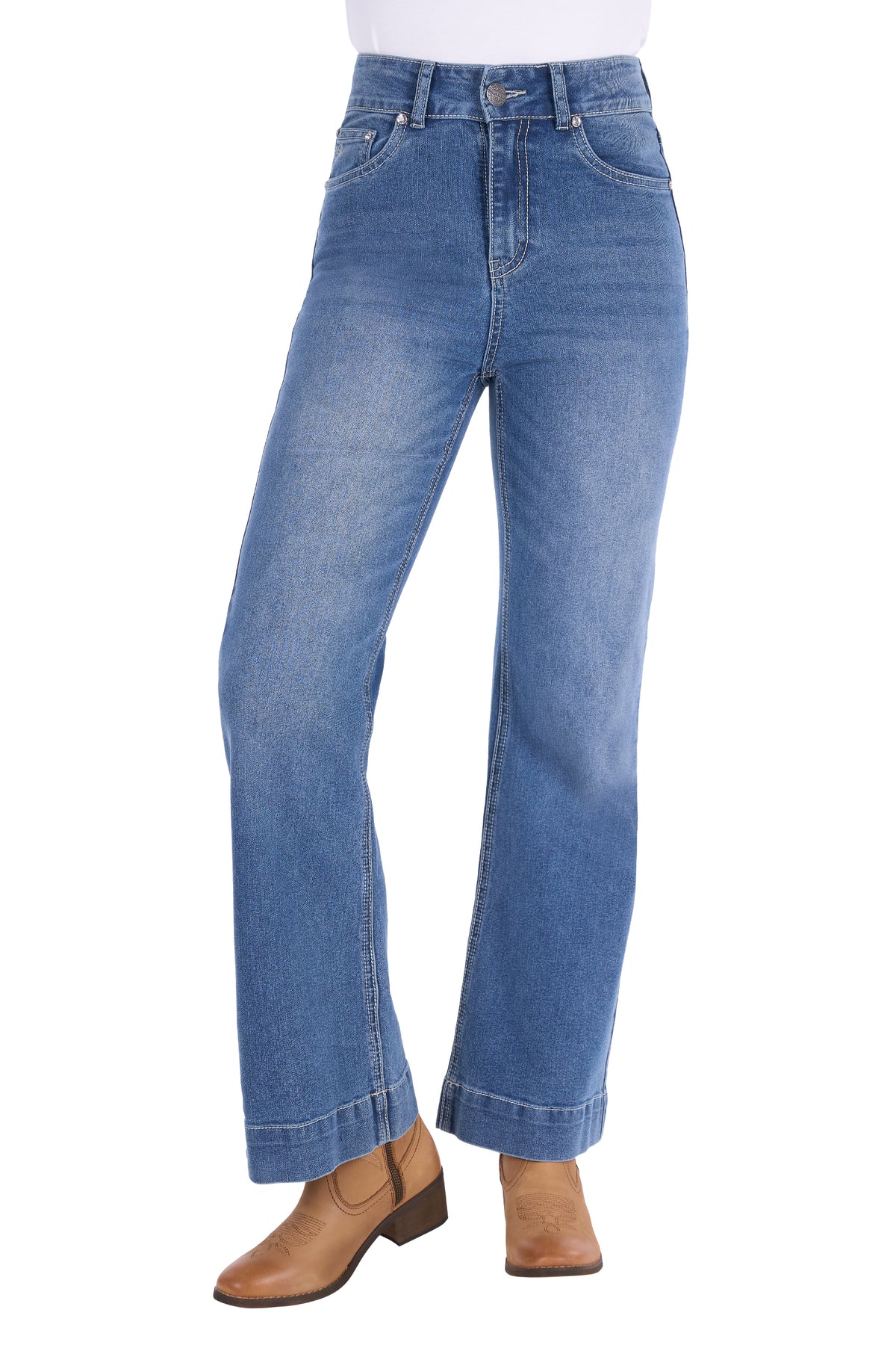 A person wearing medium-wash blue jeans with a straight-to-wide leg fit, paired with brown ankle boots against a plain white background.