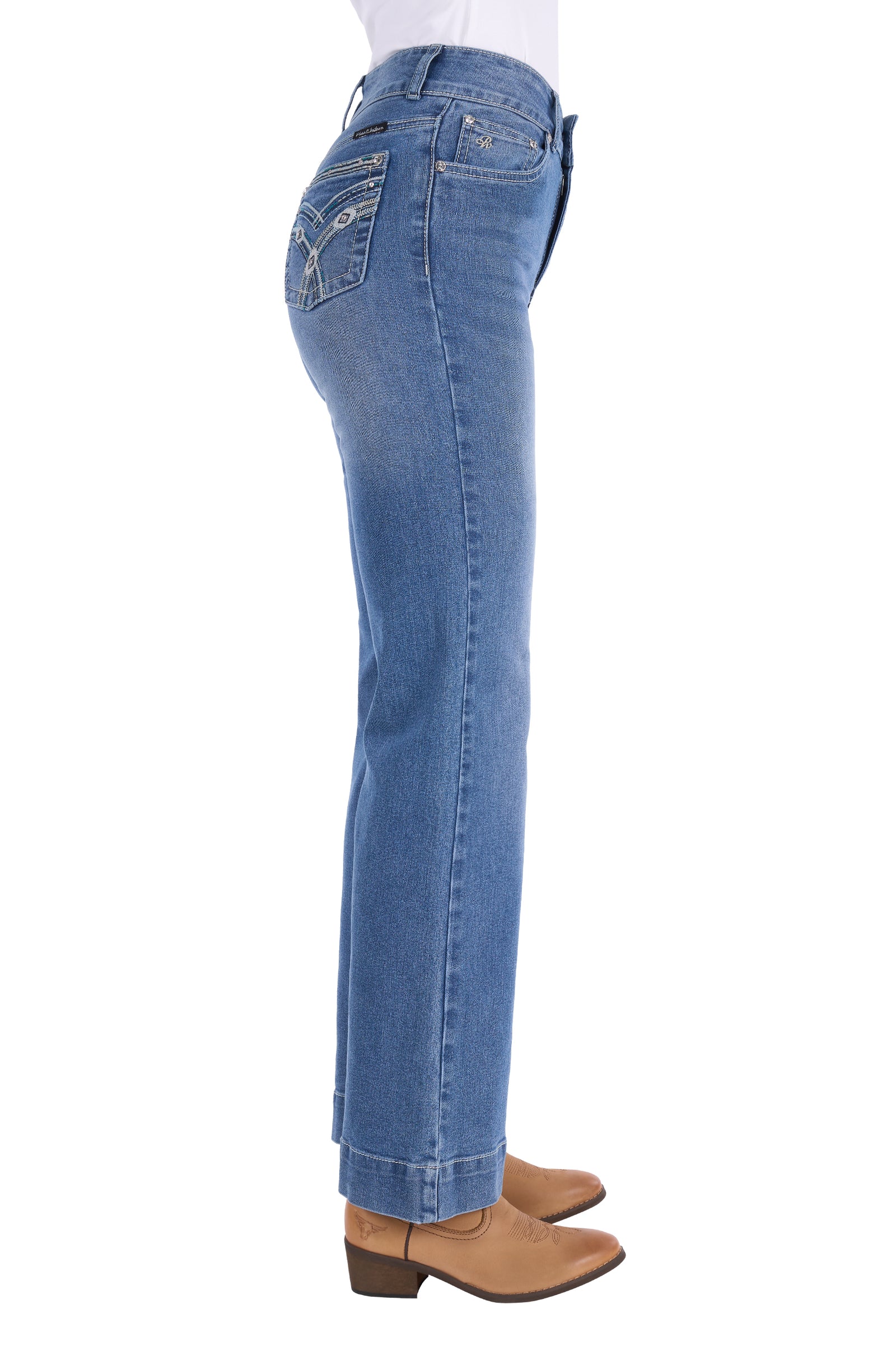 Side view of a person wearing light blue straight-leg jeans with tan ankle boots against a plain white background.