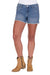 Pure Western Women's Imogen Western Shorts. Denim shorts with a floral pocket design worn by a person on a white background