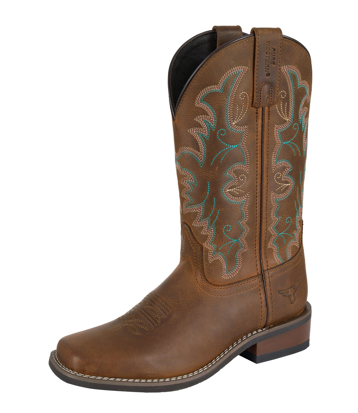 Brown cowboy boot with intricate green stitching on a white background