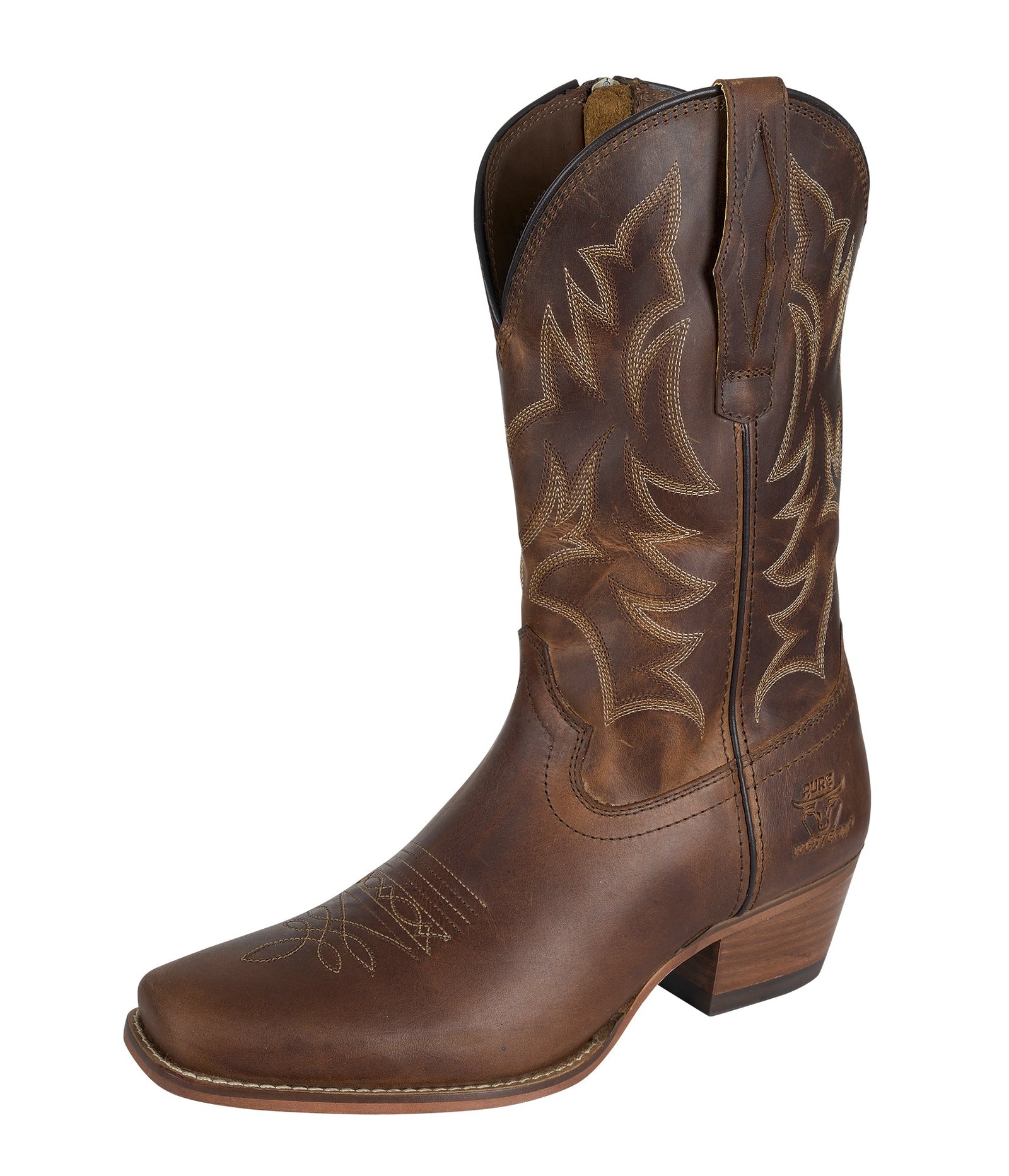 Brown cowboy boot with intricate designs on a white background
