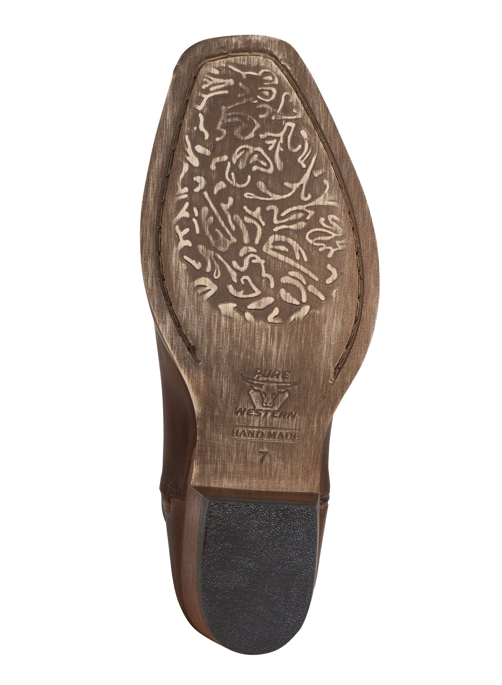 Brown cowboy boot with intricate designs on a white background