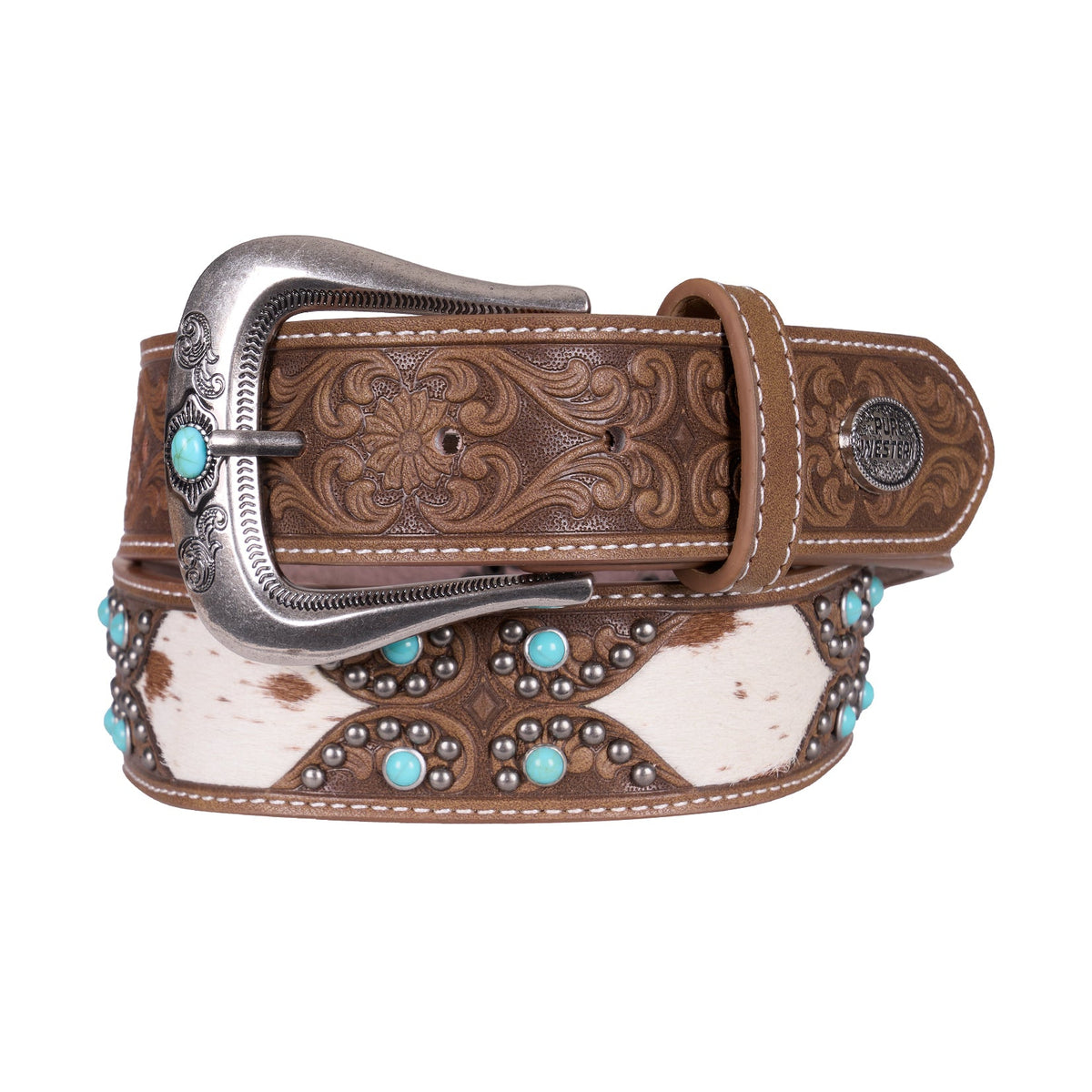 A western-style tooled leather belt in brown, featuring turquoise and silver concho studs, a silver buckle, and a white and brown cowhide inlay.