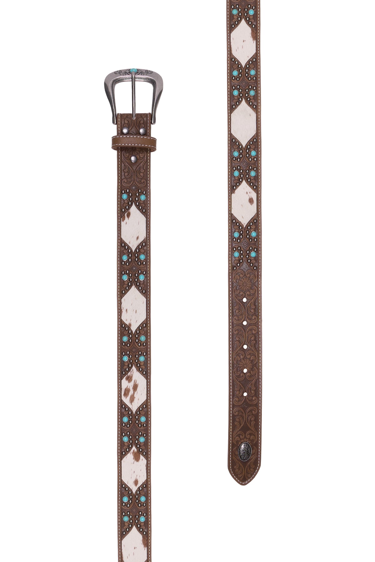 A brown leather western-style belt with turquoise and white cowhide geometric inlays, a silver-tone buckle, and a matching silver keeper, shown against a plain white background.