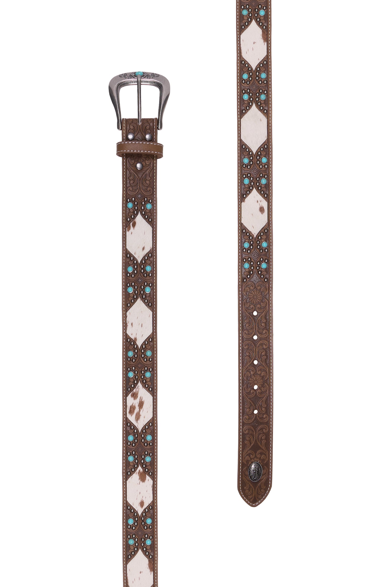 A brown leather western-style belt with turquoise and white cowhide geometric inlays, a silver-tone buckle, and a matching silver keeper, shown against a plain white background.