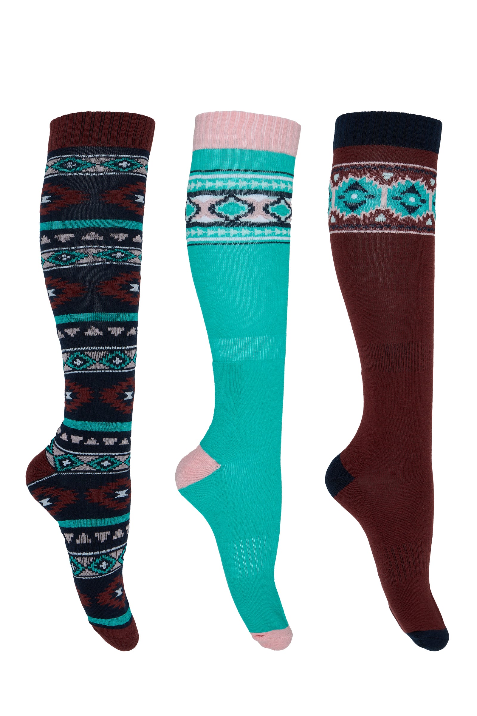 Pure Western Riding Socks 3 Pack. Three pairs of knee-high socks with patterned designs on a white background