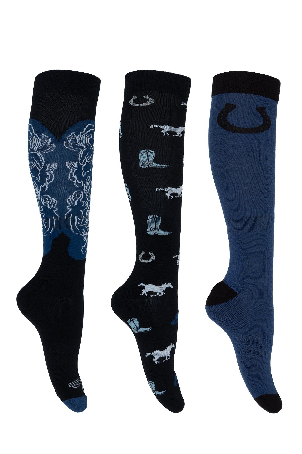 Pure Western Riding Socks 3 Pack. Three pairs of knee-high socks with horse and cowboy boot designs on a white background.