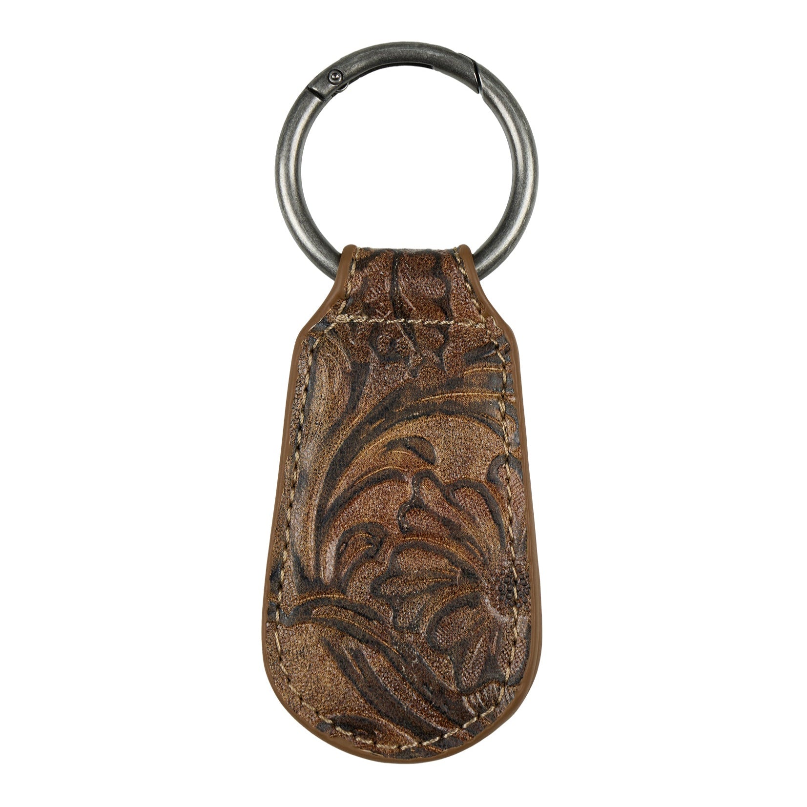 Pure Western Mia Hat Clip. Brown leather key fob with floral patterns on a white background