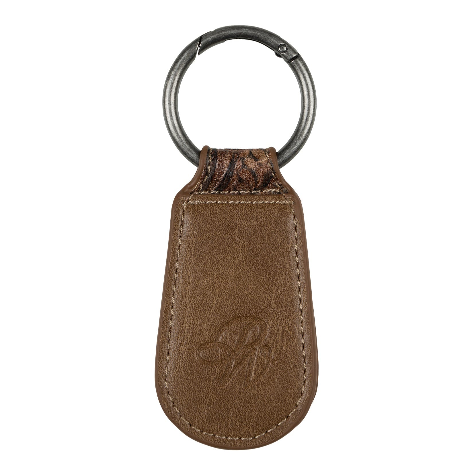 Pure Western Mia Hat Clip. Brown leather key fob with floral patterns on a white background