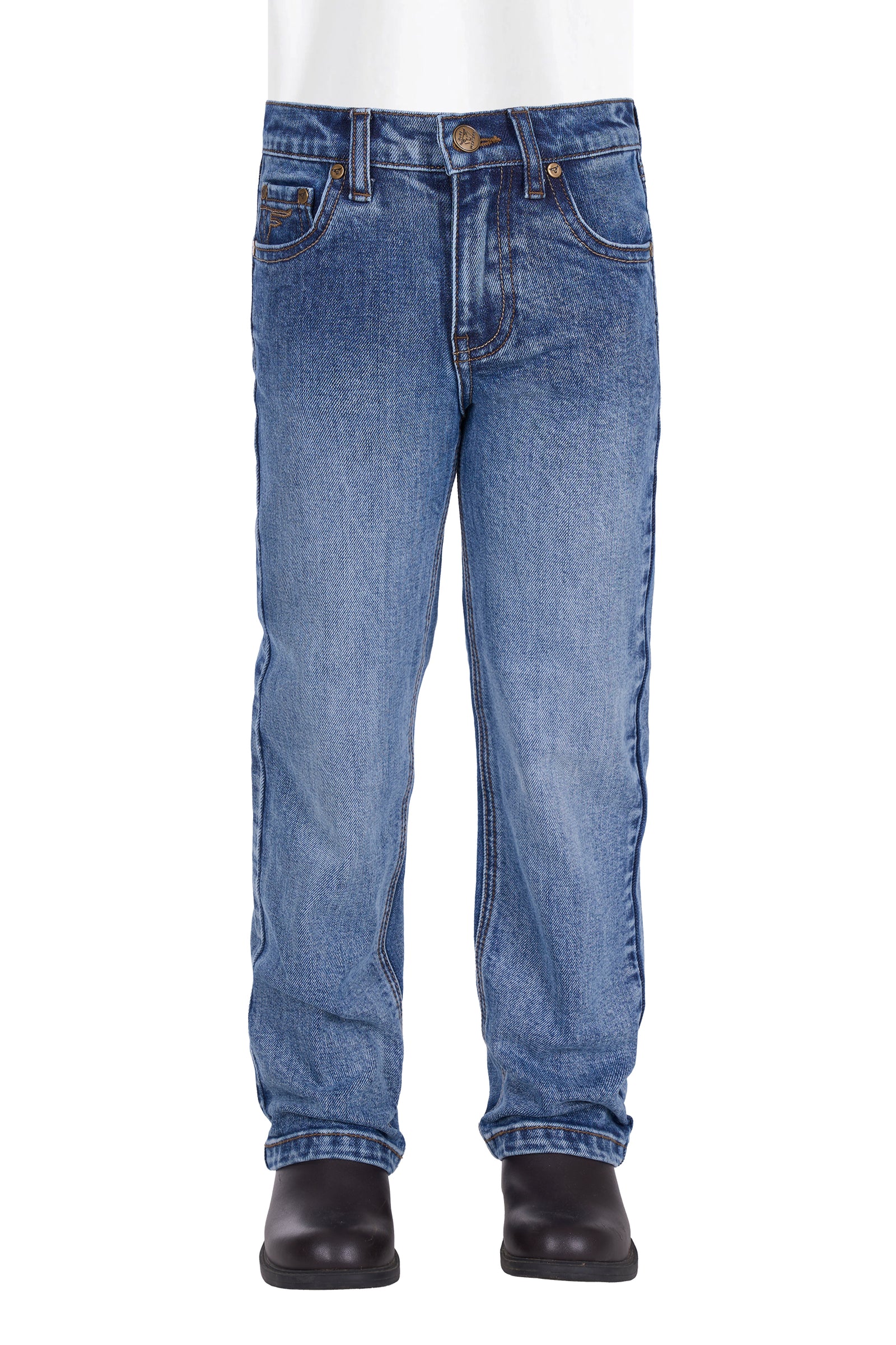 Blue jeans worn by a person on a white background