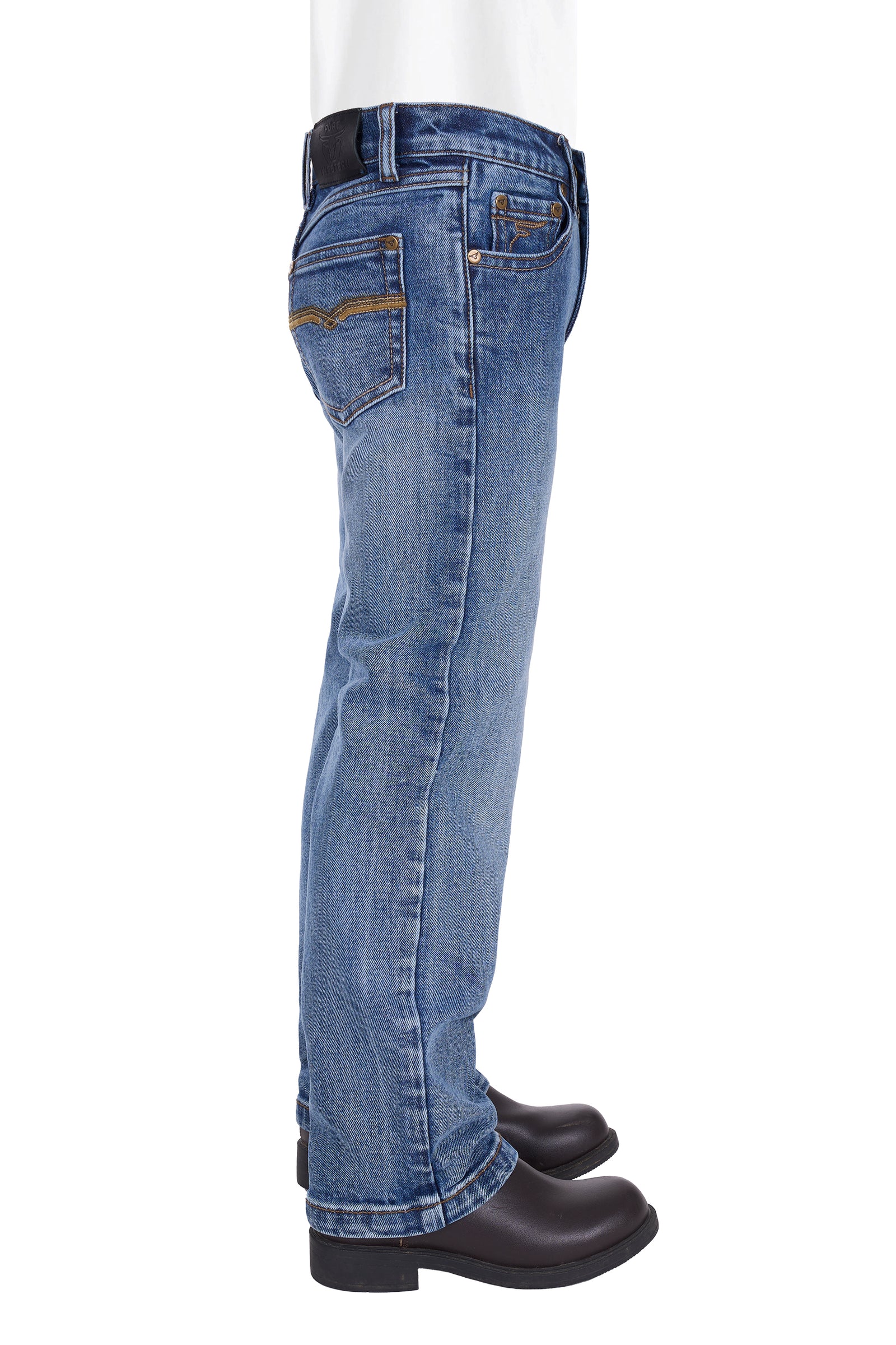 Blue jeans worn by a person on a white background