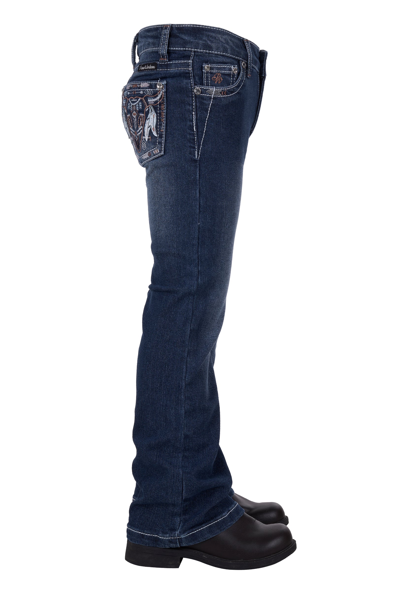 Pure Western Girl's Bettina Boot Cut Jean. Dark blue jeans on a white background