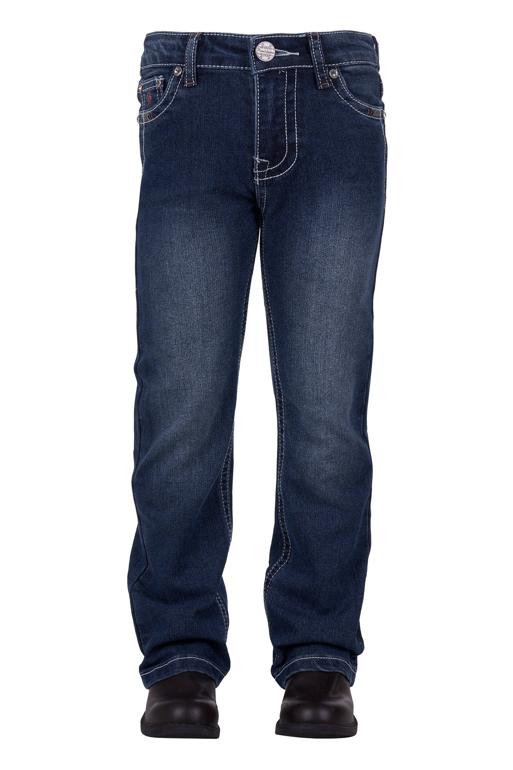 Pure Western Girl's Bettina Boot Cut Jean. Blue jeans with decorative stitching on a white background