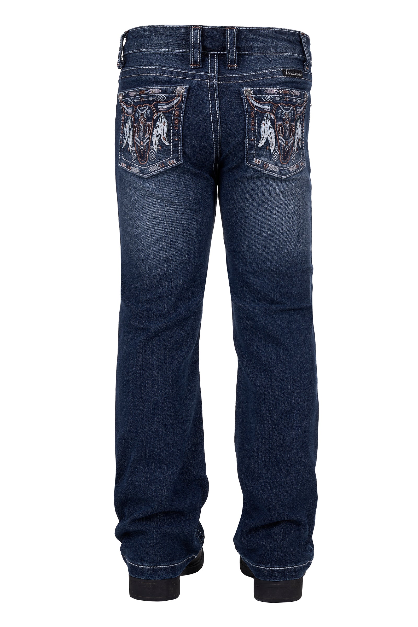 Pure Western Girl's Bettina Boot Cut Jean. Blue jeans with decorative stitching on a white background