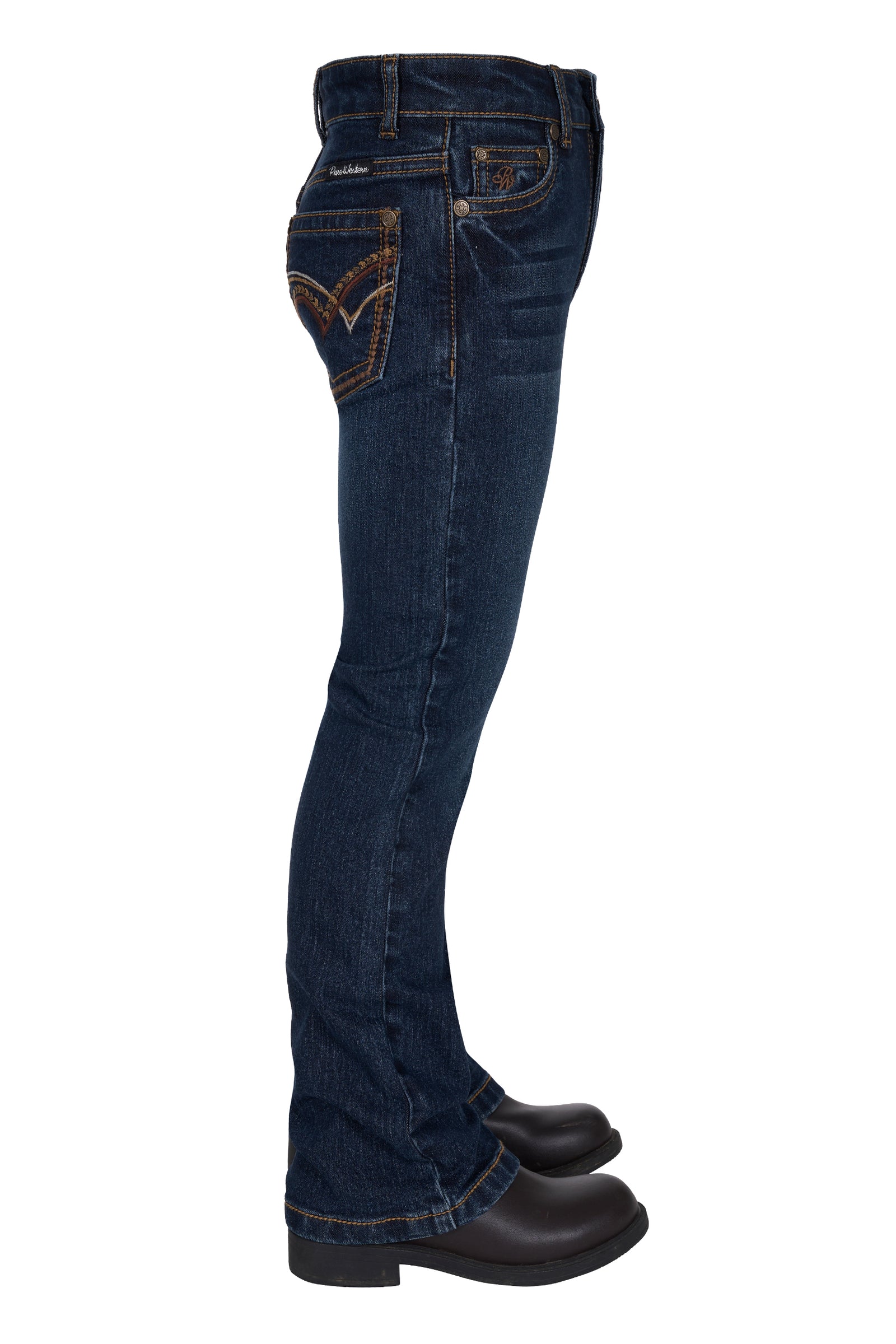 Pure Western Girl's Sam Boot Cut Jean. Dark blue jeans worn by a person on a white background
